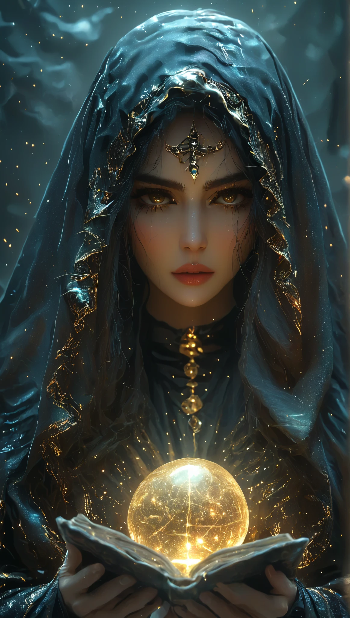 Magnificent Tarot, A robed astrologer sits quietly at a table covered with symbols,Holding a crystal star ball in hand, There is arabic text at the bottom of the card, fit snugly on face, Tarot, Very high texture quality, Front and sides, Full of mysterious magic, the Front and sides are on the card, The overall color is dark black and bright gold, Reflective shiny gold, Ultra-detailed face, Ultra-fine clothing texture, Ultra Detailed,golden aura backgroud