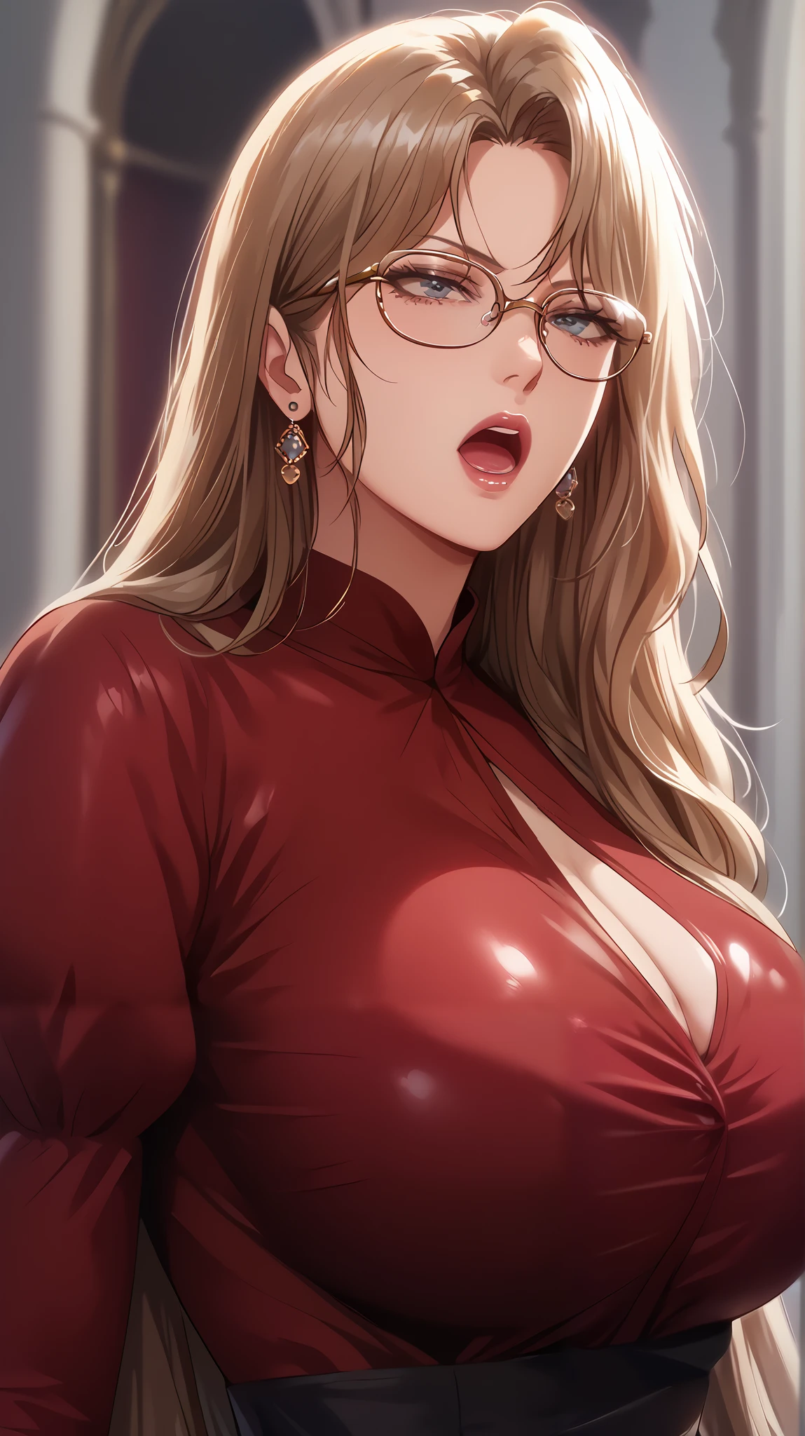 masterpiece, best quality, amazing quality, very beautiful, Absurd, latest, scenery, anatomically correct, 16k, UHD, accurate, expressive, {{1girl solo}}, illustration, masterpiece, ultra-detailed, {{detailed shading, detailed skin}}, {{realistic skin}}, BREAK, detailxl, ashy hair, milf, blue eyes,long hair, serious, red dress, victorian dress, open mouth, huge breasts, curvy, indoor, glasses, from the waist up, victorian mansion background, jewelry,