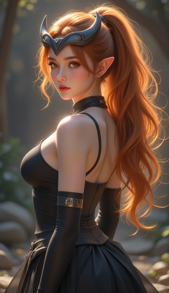 masterpiece, top quality, high resolution, Scarlett Johansen, red hair, green skirt, cream sleeveless turtleneck shirt, beautiful woman, from side, long wavy hair, glossy, bangs, side sweep, seductive eyes, almond-shaped,