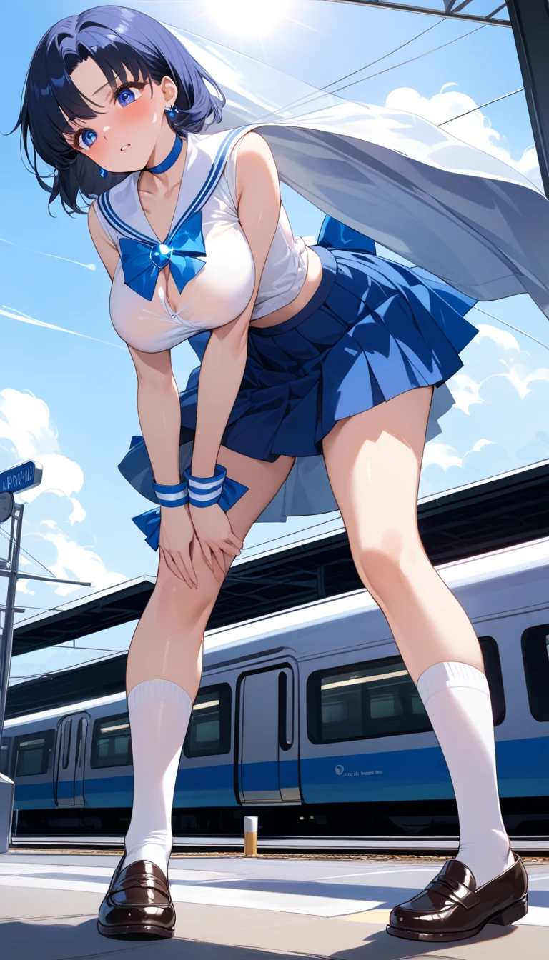 female、 Age 25, Brown eyes, Shiny skin、Long brown hair, Wearing a white shirt, Big Breasts,Center View, High resolution, Ultra Sharp, 8K, masterpiece、Escalator in a shopping mall、Cling to the arm of the man next to you、Angry expression、A look of contempt、Glare、(((Shot from directly below)))、Hunchback、((おAssをアピール))、おAss、おAss、Pleated skirt、The gesture of hiding panties、Leaning forward、(((Sheer white panties)))、Wet Panties、Ass、Ass、