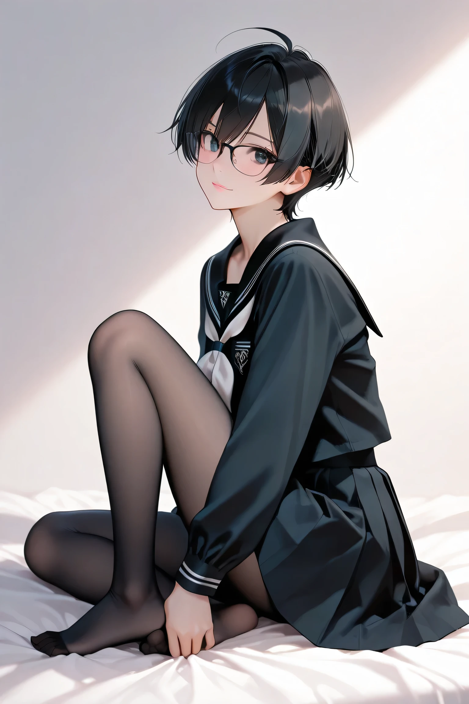 insanely detailed,
She is beautiful,
sharp focus (1.4), crisp outlines, clear lines, rich harmonized colors, Cell-shaded style with vibrant, 2D anime style
alluring mystique, stunning clarity,
A refined and elegant presence, fragile yet unyielding.
Calm composed gaze, black eyes with intricate irises.
Ethereal beauty, quiet confidence, innocent yet captivating.
slender figure, tall,
Short choppy messy pixie cut pure black hair with ahoge, silky smooth texture, delicate flowing strands softly tousled by a breeze, low hair volume,
highly detailed black eyes with intricate irises and large highlights, calm and composed gaze with subtle intensity, exquisite eyelashes, soft light reflecting on eyes,
fair flawless porcelain-like skin with dewy radiance, soft pink lips,
pure white neckerchief, traditional Japanese style, long sleeves, school uniform, shirt, serafuku, mid-thigh pleated skirt (10cm above the knees), black tights, high-end design glasses,
Wearing a classic black sailor uniform entirely in black (2.0), jet black fabric, with 3 black stripes on the collar and sleeves, simple black sailor collar, black shirt,
white background, sharp focus, simple background,
1girl, solo, no additional characters,
Masterpiece, best quality, ultra-detailed, 8k resolution,
perfect anatomy,
sitting on the bed, yokozuwari, hand_on_own_foot, beautiful legs,
light smile, looking at viewer, profile,
full body, from side, slightly low-angle view, looking at viewer,
highly detailed face, refined body, flawless skin.