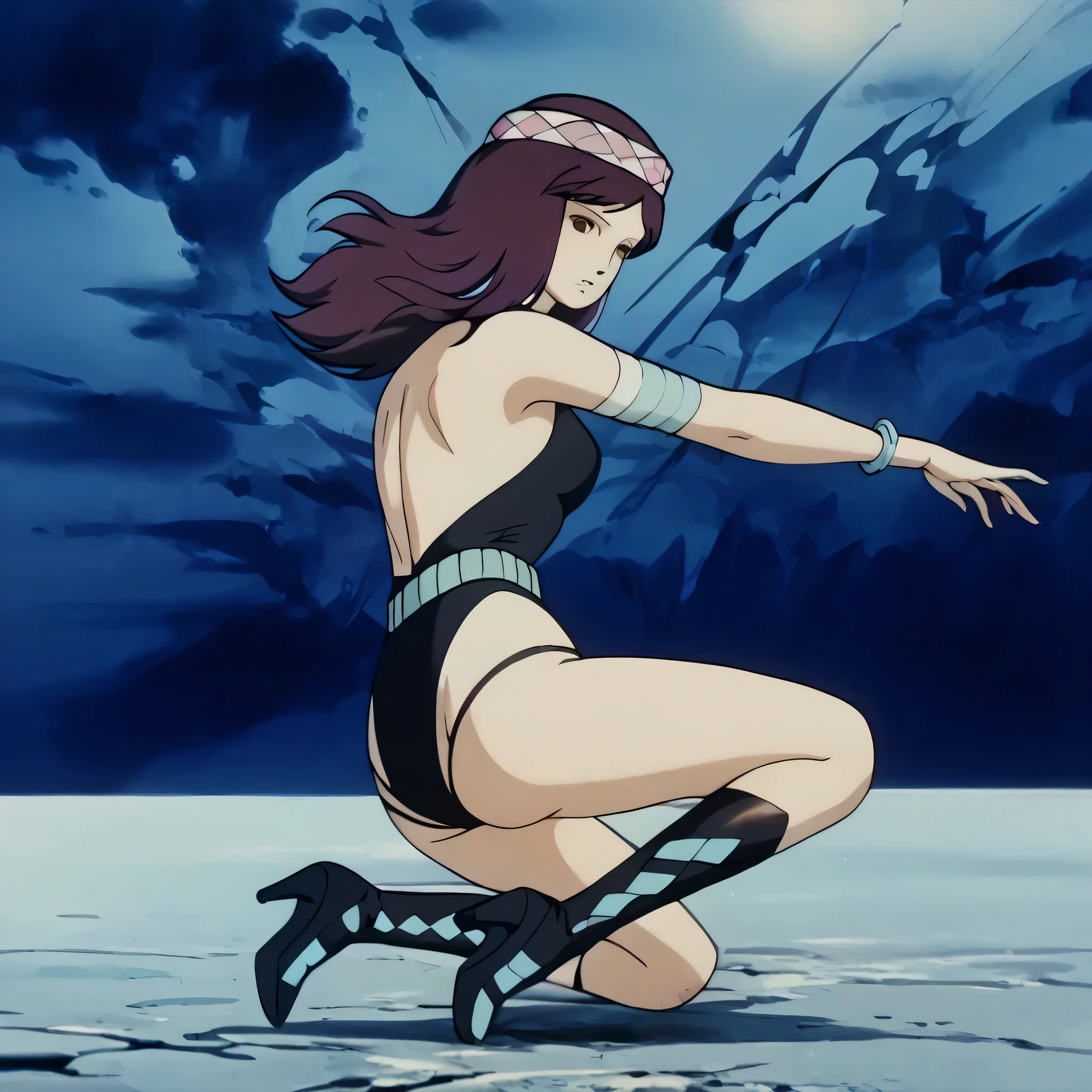 (((Masterpiece))), (((Best Quality))), ((Super Detail)), ultra-High resolution, score_9,score_8_up,score_7_up,score_6_up,score_5_up,score_4_up, BREAK, source_anime, anime screencap, uncensored, rating_explicit, Masterpiece, (best shadow), (absurdres), (detailed background), (very aesthetic), shiny, detailed beautiful eyes, outstanding, countershading, detailed soft lighting, an exquisite animation illustration, curvy, dark persona, empty eyes, expressionless, blank eyes, looking at viewer, full body, emotionless, Fighting Stance, horizontal pupils, (((black leotard, clothing cutout))), high heel boots, knee boots, circlet, armlet, bracelet, belt, halterneck, (((solo, 1girl))), hair ornament, seductive pose, submissive pose, medium breast, Hilda, purple hair, long hair, brown eyes, necklace, Hilda, retro, retro artstyle, ass, from back, from behind, looking from back, view from back