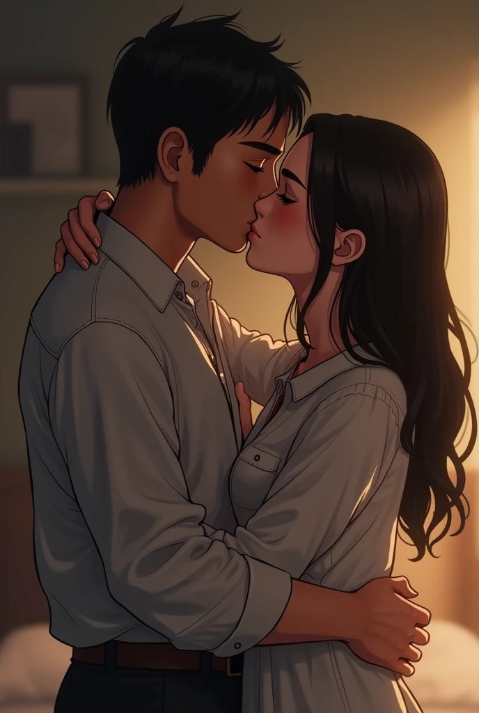 detailed illustration, dynamic angle, ultra-detailed, illustration, 1girl, 1boy, kissing, kiss, bedroom, , plaid skirt, white shirt, blue pants, arms pinned above her head, black hair, long black hair, evening
