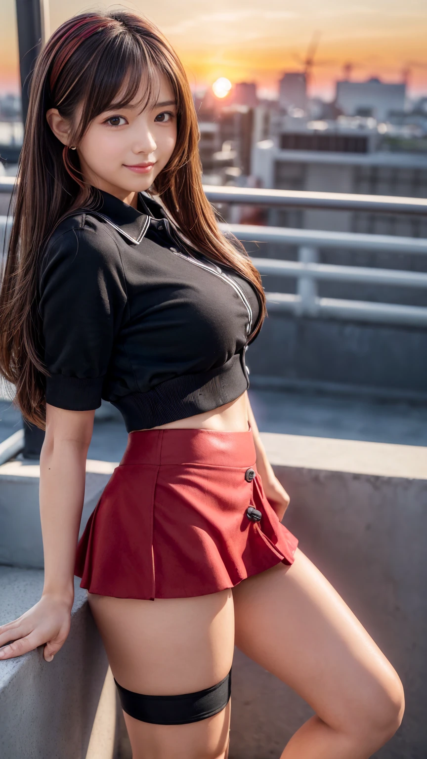((Highest quality, 8k)), ((masterpiece)), (Highest Resolution), Perfect Face, Fox Woman, Beautiful woman, public, Has one tail, She has thick thighs, a large tail, She has a fox tail, She wags her tail, smile, fur collar, she is wearing a short skirt, Beautiful Hips, A tail sticking out from the skirt