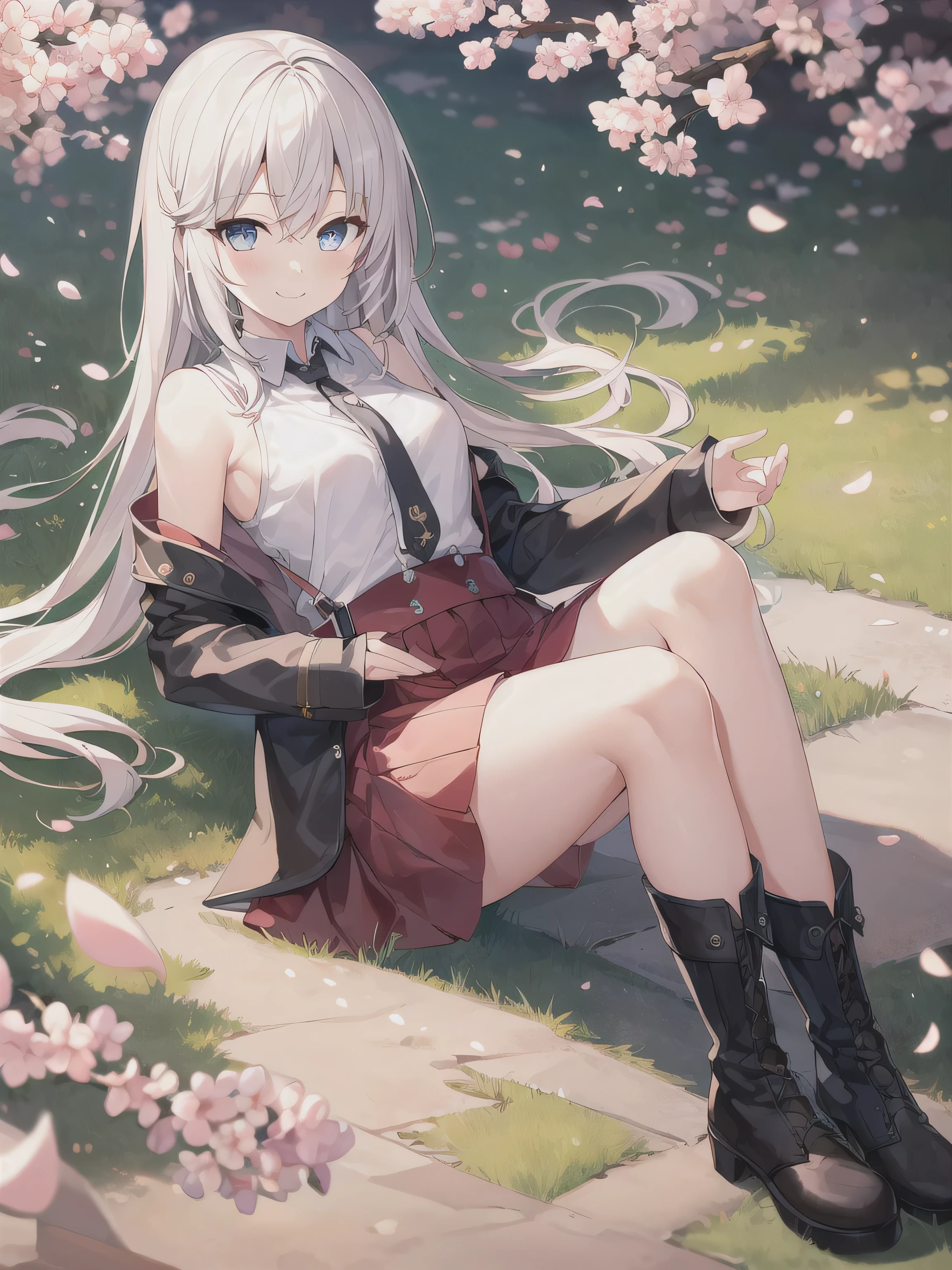 Gray Hair, Red eyes,, Cloudy, whole body, Grass,View your viewers, Twin tails,front,Silver Hair, sit,