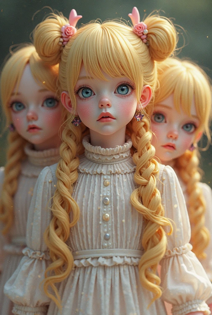 GIRLS VAMPIRE CHILDREN, RED EYES. And blonde HAIR with braids, red background.