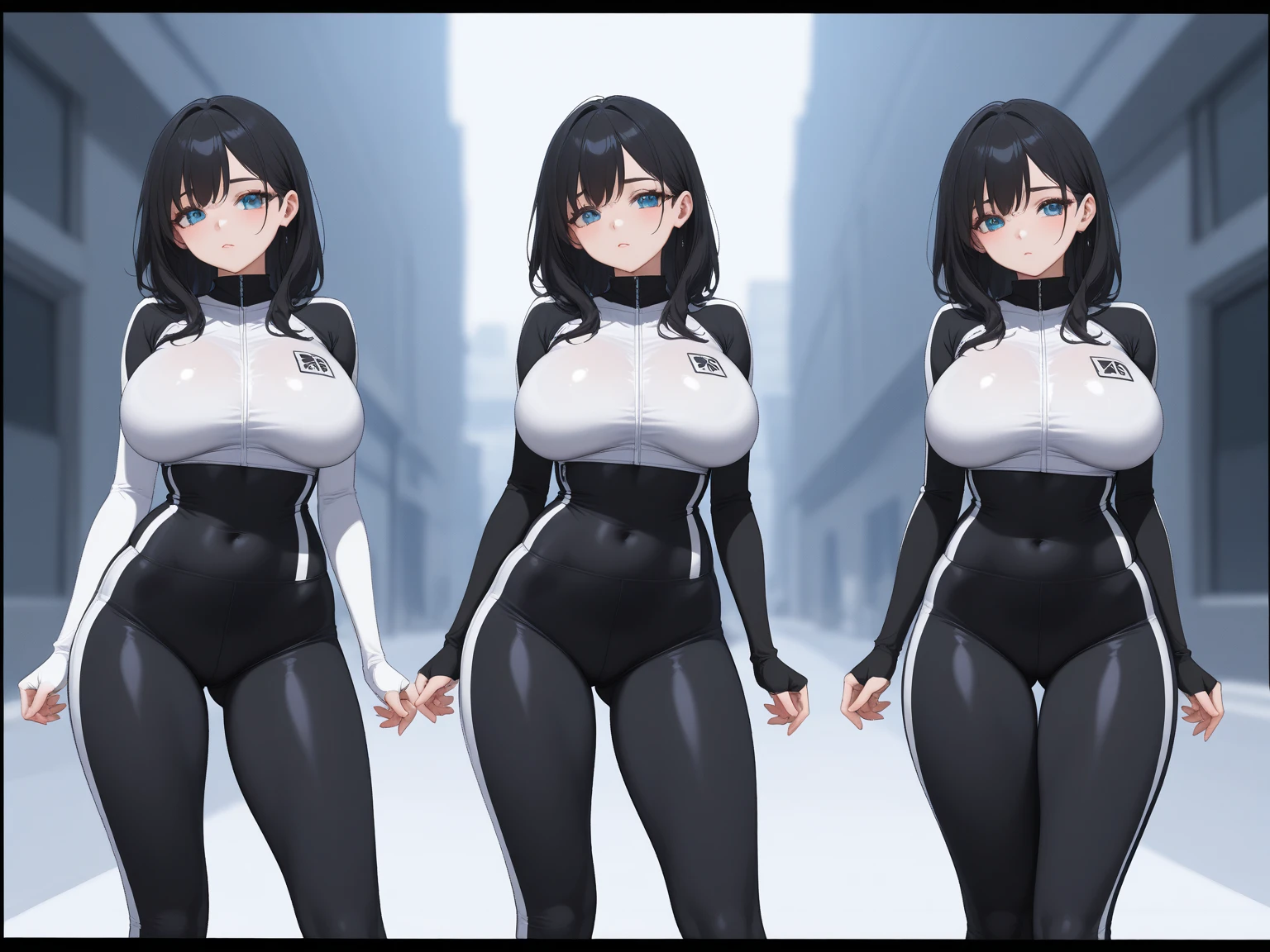 Absurd resolution,high resolution,(masterpiece: 1.4),hyper-detail,fullbody image,head to toe show,reference sheet style image,solo,shorter,A-Posed,glasses,kemono feline cat futanari,no skin other than neck and head shown, exo skeleton,watertight environmental suit,black hair,messy ponytail,cute face,detailed soft grey luminous eyes,huge massive hyper super swollen heavy milky breasts,breasts so big that cover her whole torso and are bigger than her head while being so big they reach her bellybutton,extremely super large swollen perky heavy bust,super huge enormously gigantic tits,gigantic breasts stretching/straining out of her outfit looking like they are about to burst out,breasts compressed squishing barely contained in outfit,inflated breasts,breast_expansion,super gigantic swollen heavy tits,wide full hips,narrower torso and shoulders,smaller torso,narrower waist,full thicc big soft thighs,thicc big full thighs,big rounded full soft butt,thicc butt,ruggedized utility styled outfit,fully insulated suit,full body outfit coverage with no skin showing or revealed,airtight/watertight zippers and seals,scifi monochrome black and grey fullbody covering protective padding rugged loose-fitted pilot utility suit with strategically placed protective padding,white watertight zipper utility cropped top for breasts support with a black strap horizontal across cleavage worn on top of suit,tactical strategic angular-patterned protective padding on hips and thighs and abdomen,practical/functional clothing,weather-proof durable clothing material,nylon clothing material,custom made clothing to fit and support large breasts,scifi padded rugged rigid high collar cropped cutout fitted techwear jacket,armored high collar,white and black triangular decals and techwear iconography on apparel and clothing,techwear gloves,ruggedized tech,ruggedized tech aesthetic,fitted utility pants,utility chaps,near future scifi,cyberpunk aesthetic,tactical aesthetic,nasapunk apparel,death stranding