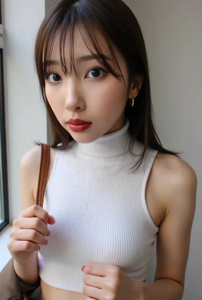 (lifelike, high - resolution:1.3), 1 girl with a perfect body, Super fine face and eyes,long hair, Tank top of random colors:1. short jeans,perfect big breasts:1.6 ,perfectly exposed cleavage, cum on breasts, perfect breast shape, tank top enhancing look of cleavage: 1.3, amazing breast cleavage, e-girl make up, impressed surprised gaze, horny eye contact, perfect cute face, breasts squeezed, winged eyeliner, round cleavage line, seductive smile