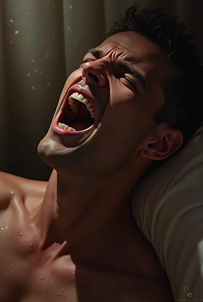 Create a super realistic image of a muscular man, with stylish black hair, tanned white skin, blue colored eyes, medium sized reddish mouth, very sweaty, wearing no shirt, just in shorts, lying on a sofa, with a gasping, open-mouthed facial expression