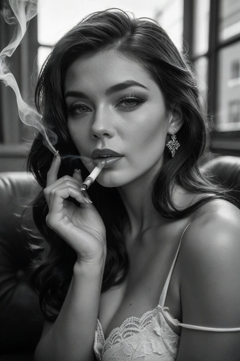 a glamorous 1940s female gangster, exquisitely dressed, ultra-sexy, holding a cigarette holder, smoke, sophisticated retro hairstyle, red lipstick, dramatic chiaroscuro lighting, photorealistic, 8k, hyperdetailed, high-fashion editorial, cinematic composition, moody and atmospheric, dramatic shadows, sultry and alluring