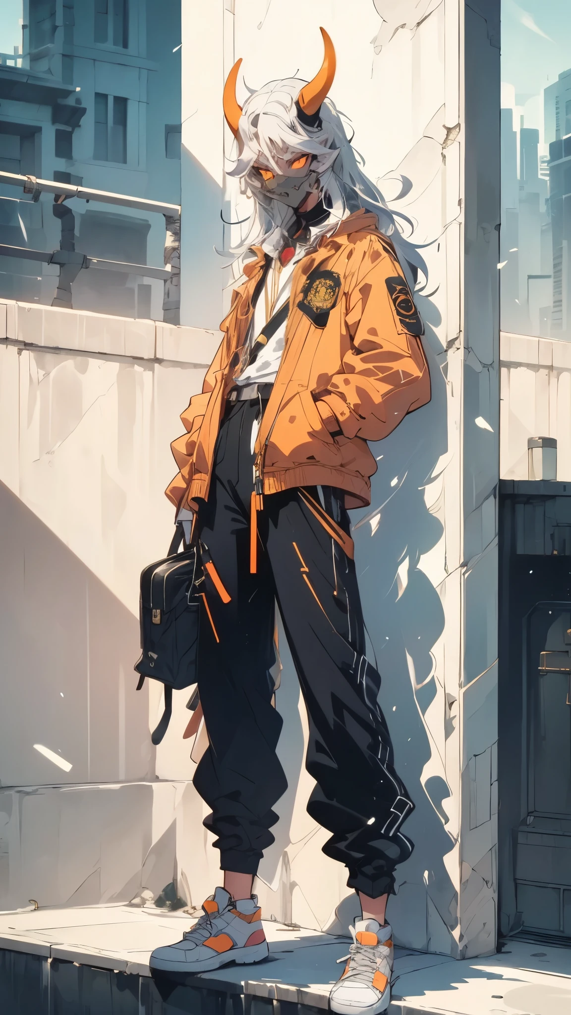 A stylish anime girl, Medium Shot, Cyberpunk female warrior with a demon mask, mask with golden accents, sharp edges, red eyes, devilish horns, The image is an illustration of a young man with white hair and blue eyes. He is standing on a set of stairs in an urban area with tall buildings in the background. The man is wearing a grey and orange jacket with a graphic design on the front, black pants, and white sneakers. He has a lanyard around his neck and is looking off to the side with a serious expression on his face. The overall style of the illustration is anime-style.