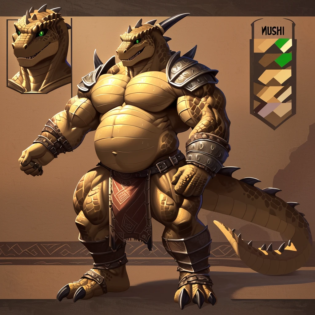 (by canson)) (nsfw) Best quality, Super detailed illustration, masterpiece, top quality, best quality, highly detailed, 8k, super high resolution, absurdres, perfect anatomy, ((male brown Lizard Folk Barbarian, full body)), ((male Lizard folk Barbarian)), ((solo)), ((detailed eyes)), (solo), ((Heavy body: 1.6)), ((arm muscles: 1.0)), ((leg muscles: 1.0)), ((thick thighs: 1.2)), ((background: golden palace)), ((big feet: 1.0)), ((big calfs: 1.0)), ((thick hips: 1.6)), ((Wide torso: 1.6)), ((muscles: 1.2)), ((green eyes, black sclera, serpent eyes)), ((big ankles: 1.3)), ((Wide belly: 1.2)), ((big ass: 1.3)), ((Big bulge: 1.0)), (((from under: 1.4))), ((sweat: 1.1)), ((mush: 1.5)), ((mush: 1.2)), ((eye lashes)), ((manly pose, sharp teeth, laughing, muscular, smiling, brown arm spikes, brown back spikes, dragon tail)), (((perfect eyes, detailed eyes, green_eyes, black_sclera, serpent_eyes, , conan the barbarian loincloth, leather belt, scarred_across_face, looking at viewer, barbarian armor, brown spotted scales, reference sheet)))