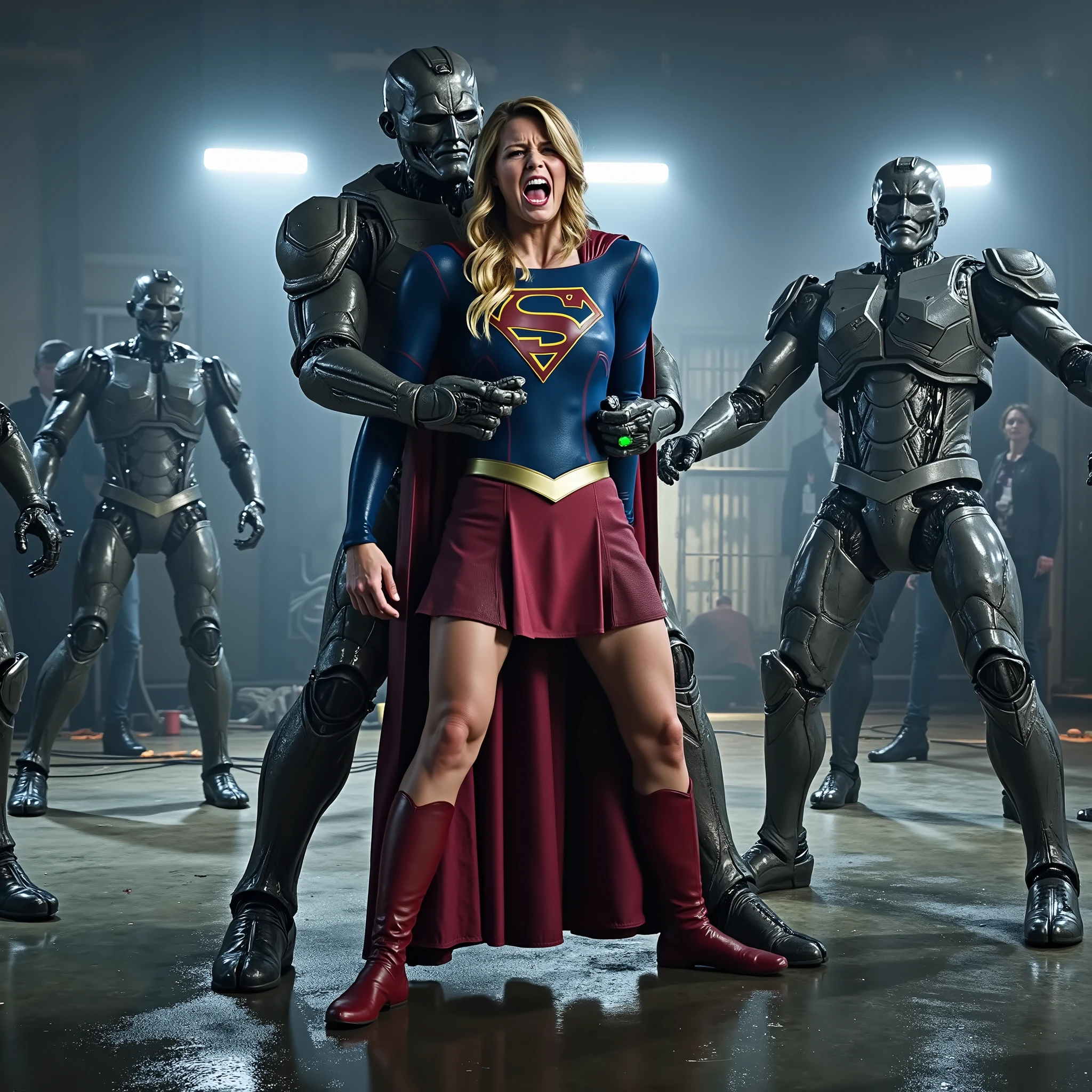 Melissa Benoist as Supergirl, (a very short skirt), fighting with an enemy, she is sexual assaulted from behind by Lex Luther the robot, she bend down and push his hand out, a green lighting collar on her neck, painful face, (Supergirl is screaming in pain), Lex Luther is a strong big robot, he is hugging her tightly from behind, he pull her skirt up and push his private part into her body, whole body from head to feet are visible, in the factory, night time, bright spot lighting,