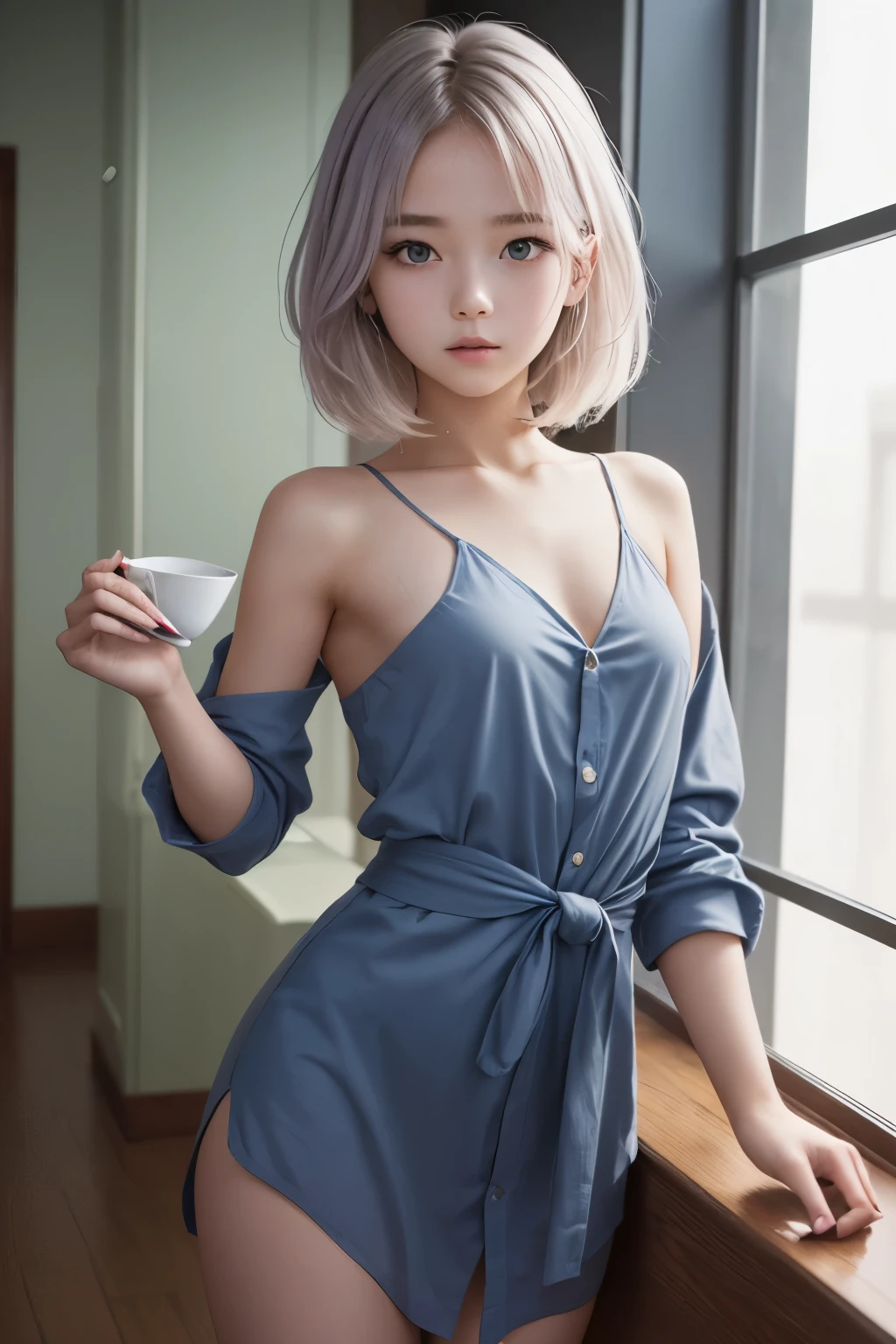 (Photorealistic:1.8, highest quality:1.8,8K masterpiece:1.8,High resolution,Mastepiece:1.8,RAW Photos,Cinematic lighting),No split screen、morning、Cafe、(A woman holding a coffee cup)、(Soryu Asuka Langley)、Knee Shot、
(Completely naked、choker、Medium chest、White Shirt、Tight micro short denim、Wide open chest、Beautiful thighs、Plump nipples)、Random Pause、Random Angle、
Bobcut、(Beautiful, shining red, blue, white, brown and silver hair:1.5)、Sparkling Blue Eyes、
greet、Smile、Random Pause