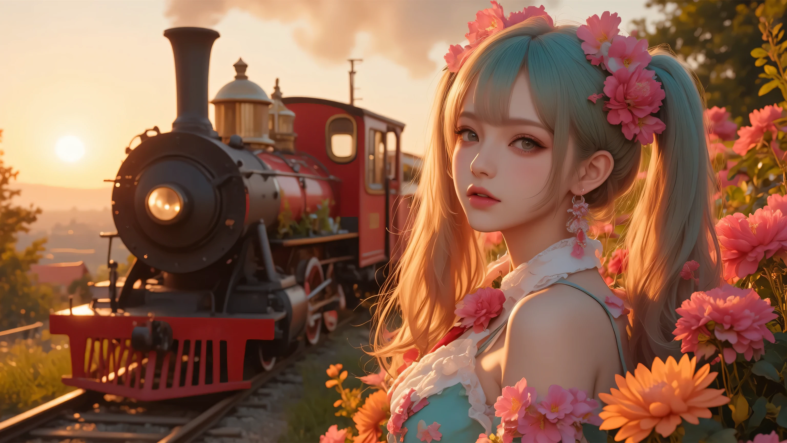 high quality,4k resolution,super fine,Realism,Photorealistic,HDR,Professional Lighting,Lifelike,vivid and dazzling colors,Beautiful depth-of-field blurring,Hatsune Miku is standing in front of the right side of the screen,occupy a quarter of the picture,vivid and realistic facial details,Gentle Expression,Moving forward,A retro steam train is coming on the left side of the screen,The train is covered with lush flowers,There are bright and dazzling flowers next to the train,The warm sunset shines,The whole creates a beautiful and healing atmosphere