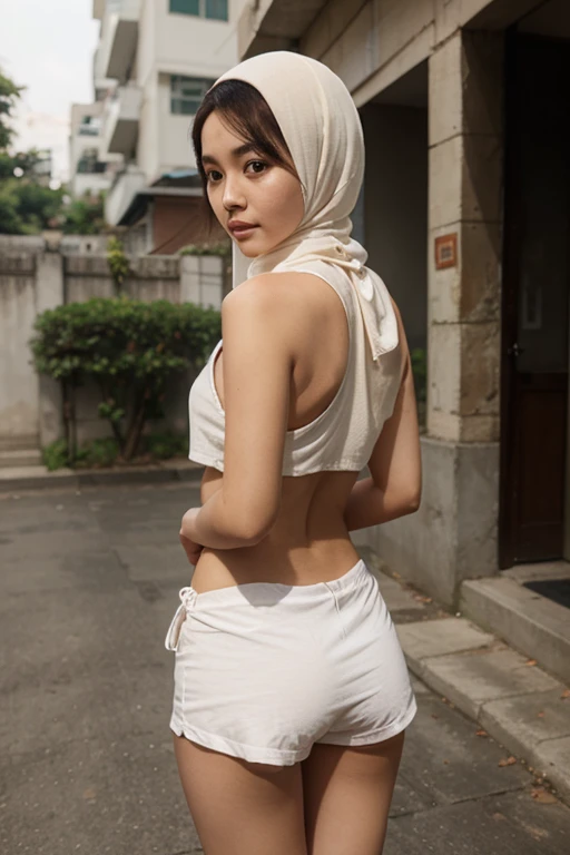 ((Cinematic Light, Top Quality, 8k, Masterpiece: 1.3)), 1 Girl, (full body pose),malay girl with hijab, Slender Abs Pretty Woman: 1.3, ( Small: 1.3), big breast, wear tight light white tight long legging, singlet, Ultra Detailed Face, Detailed Eyes, Double Eyelids, hijab girl free pose at lake garden due to jogging, Latin Blood, Seductive Expression, cute girl, sweaty girl, wet,back view.