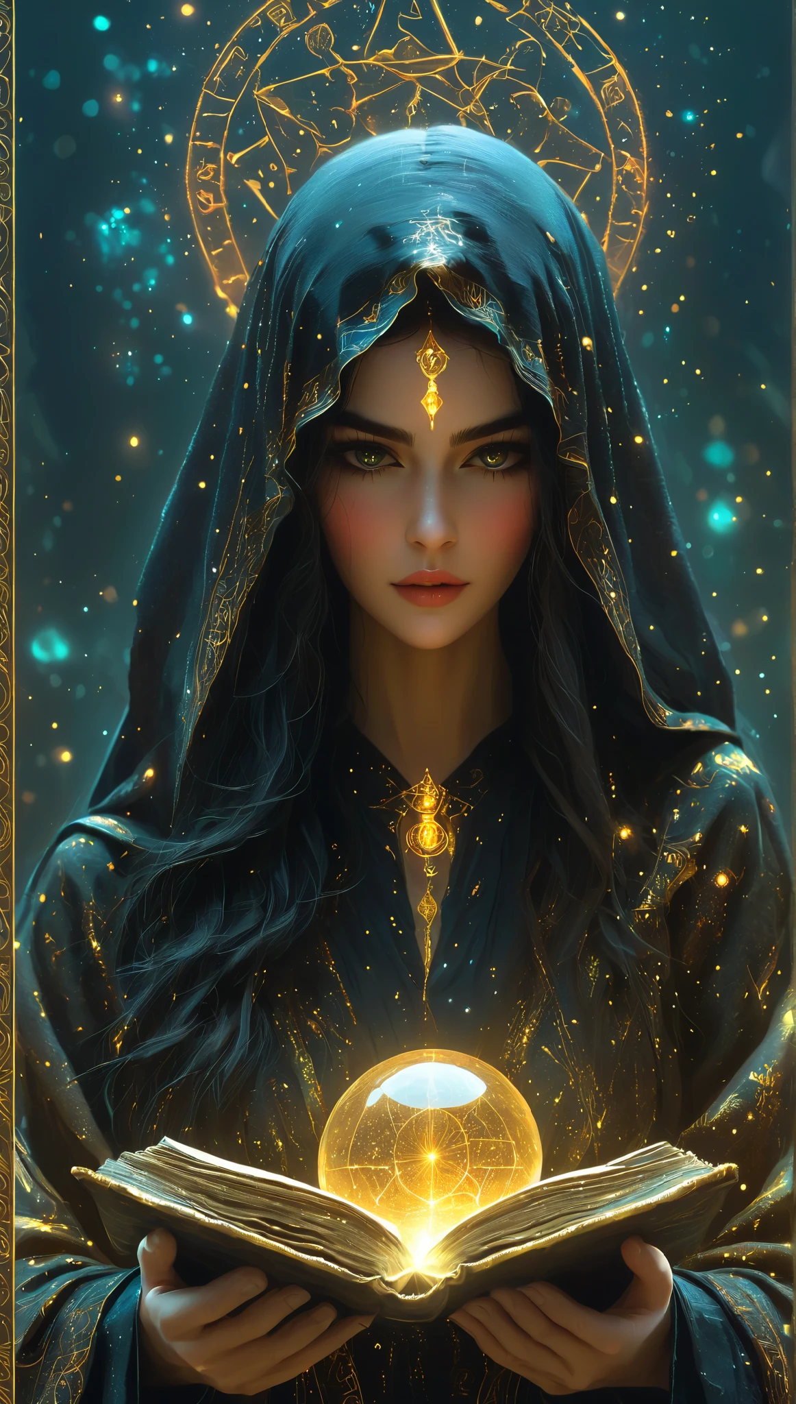 Magnificent, A robed astrologer sits quietly at a table covered with symbols,Holding a crystal star ball in hand,sits on the Zodiac table cloth,glowing colorful zodiac, There is arabic text at the bottom of the card, fit snugly on face, Tarot, Very high texture quality, Front and sides, Full of mysterious magic, the Front and sides are on the card, The overall color is dark black and bright gold, Reflective shiny gold, Ultra-detailed face, Ultra-fine clothing texture, Ultra Detailed,glowing golden aura background