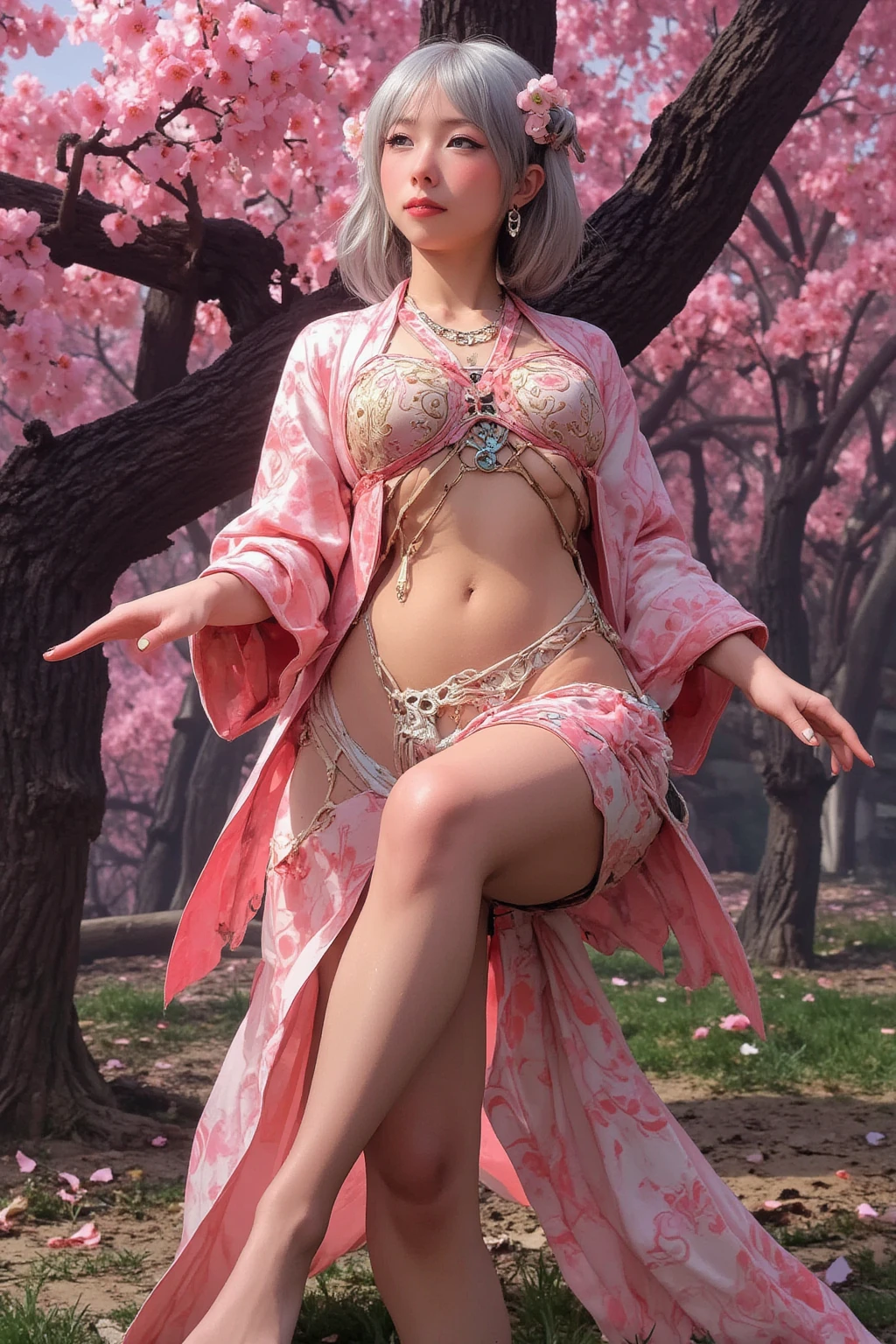 (beautifull lady with very gigantic breast, wear detailed luxury pink hijab, stand near pink sakura tree) ,(detailed pink bra), (detailed pink kebaya), (flower earring), (flower crown), (show back), (sexy back), (show thigh), (detailed flower hairpin), (detailed flower underboobs ornament), (detailed luxury flower chest ornament), (detailed luxury flower arm ornament), (detail flower hips ornament), expensive detailed flower necklace, (very gigantict:1,9), beautifull pink sakura tree, detail sakura tree, detail pink flower field, detail pink flower background, beautifull face, pretty face, beautifull eyes, beautifull nose, sexy lips, pink nails, raytracing, nsfw, beautifull fingers, beautifull hands, sexy belly, sexy body, sexy shoulders, sexy legs, sexy hips, (luxury bracelet), (luxury ring), (luxury earring), (luxury necklace), black nails , blue eye, (4 fingers in 1 hand), white skin, full body picture, pretty makeup
