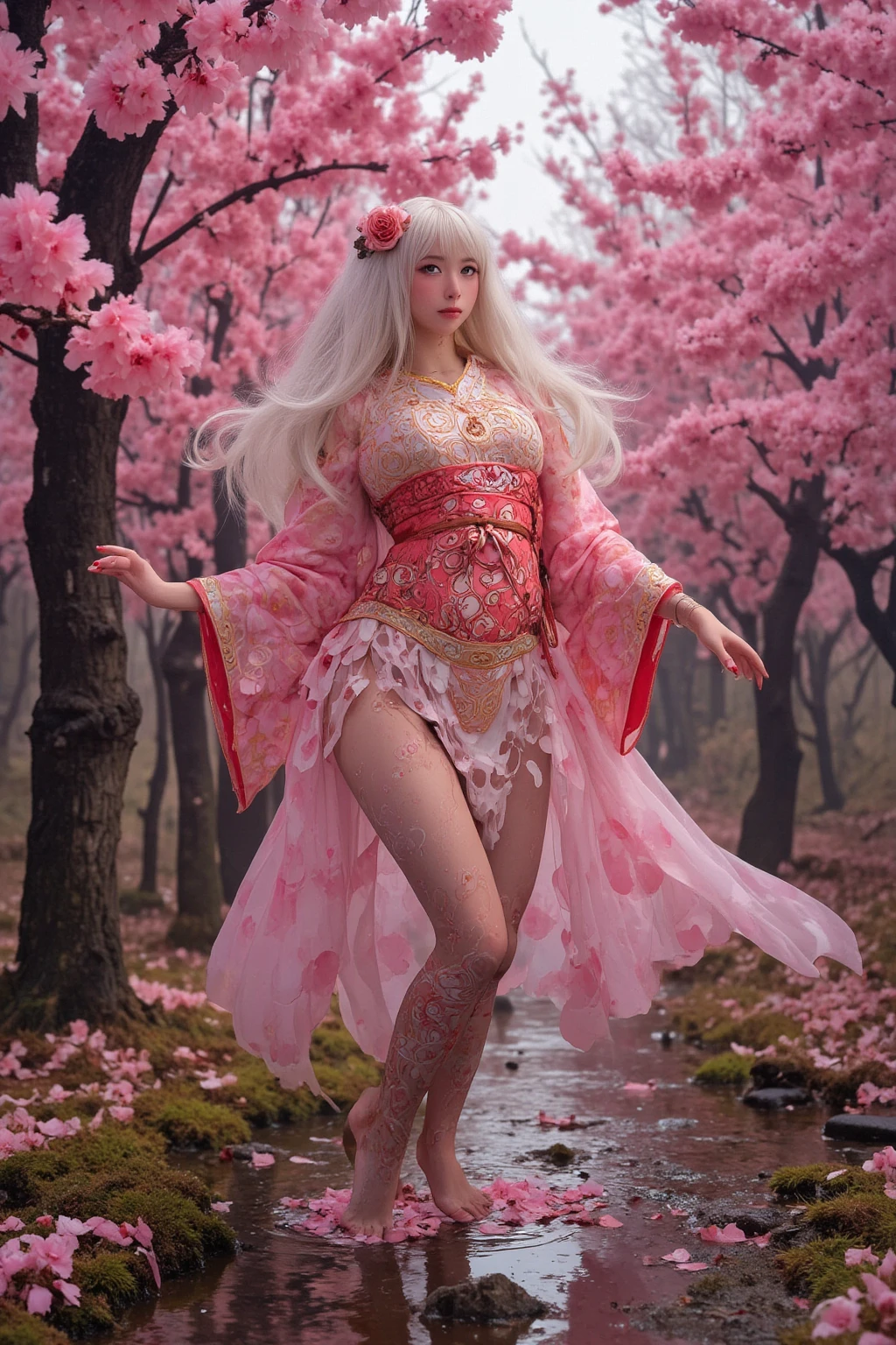 Photo of [black cat], ((1 solo girl)), (((full body photo))), ((realistic soft lighting)), ((realistic)), (beautiful face:1.1), long straight platinum blonde hair with bangs, detailed eyes, lush lips, 22 years old, sexy outfit, (sexy attractive figure), (big breasts), (neckline), (tight abs), (thick hips) 4K, HDR, DSLR photoshoot, professional photography, detailed texture, pink lipstick, pink nails,  light green eyes, freckle on face, Japanese girl, lolita, pink lolita outfit, on high hill with beautiful trees and flowers --auto --s2