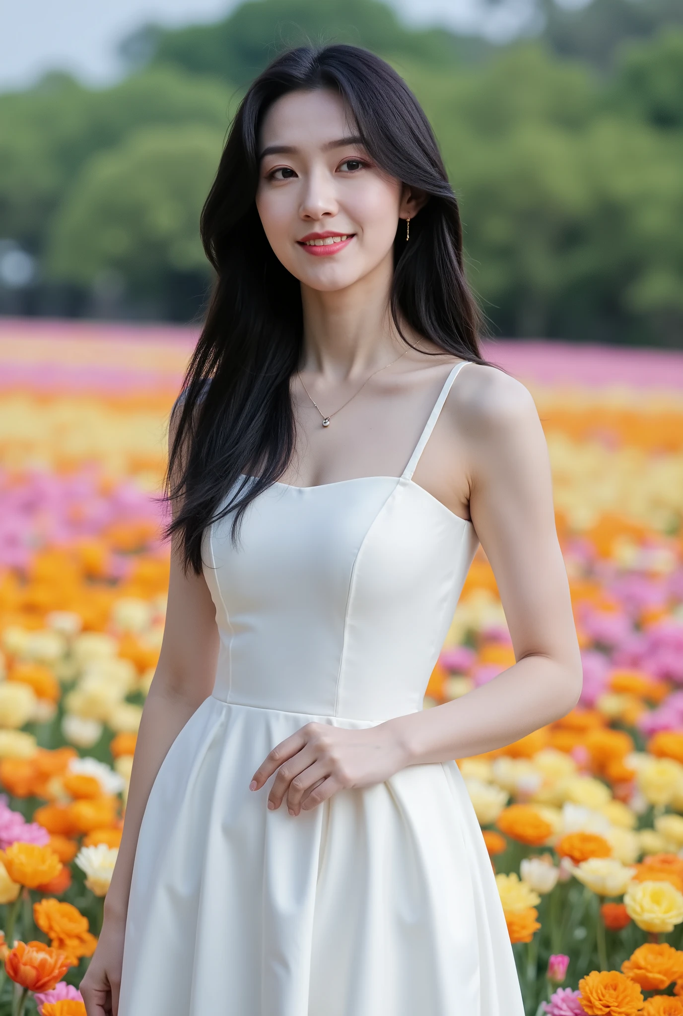 Create a stunning portrait of a beautiful Japanese actress with porcelain skin and tousled, long black hair. She is wearing a flowing pure white dress, standing in a vibrant flower garden with a radiant smile. The scene is illuminated with cinematic lighting, enhancing the ethereal quality of the moment.