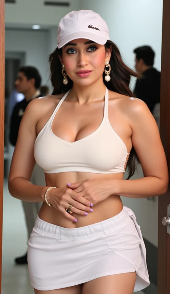 close up photo of  kajal Agarwal, curvy, hourglass figure, swooping breasts, deep cleavage, seductive eyes, look at viewer, showing armpits on road, necklace, White strapless bra, Slim And Shape Skinny Jeans, red lips, sultry, ponytail, (cinematic:1.3), intricate details, (ArtStation:1.2)