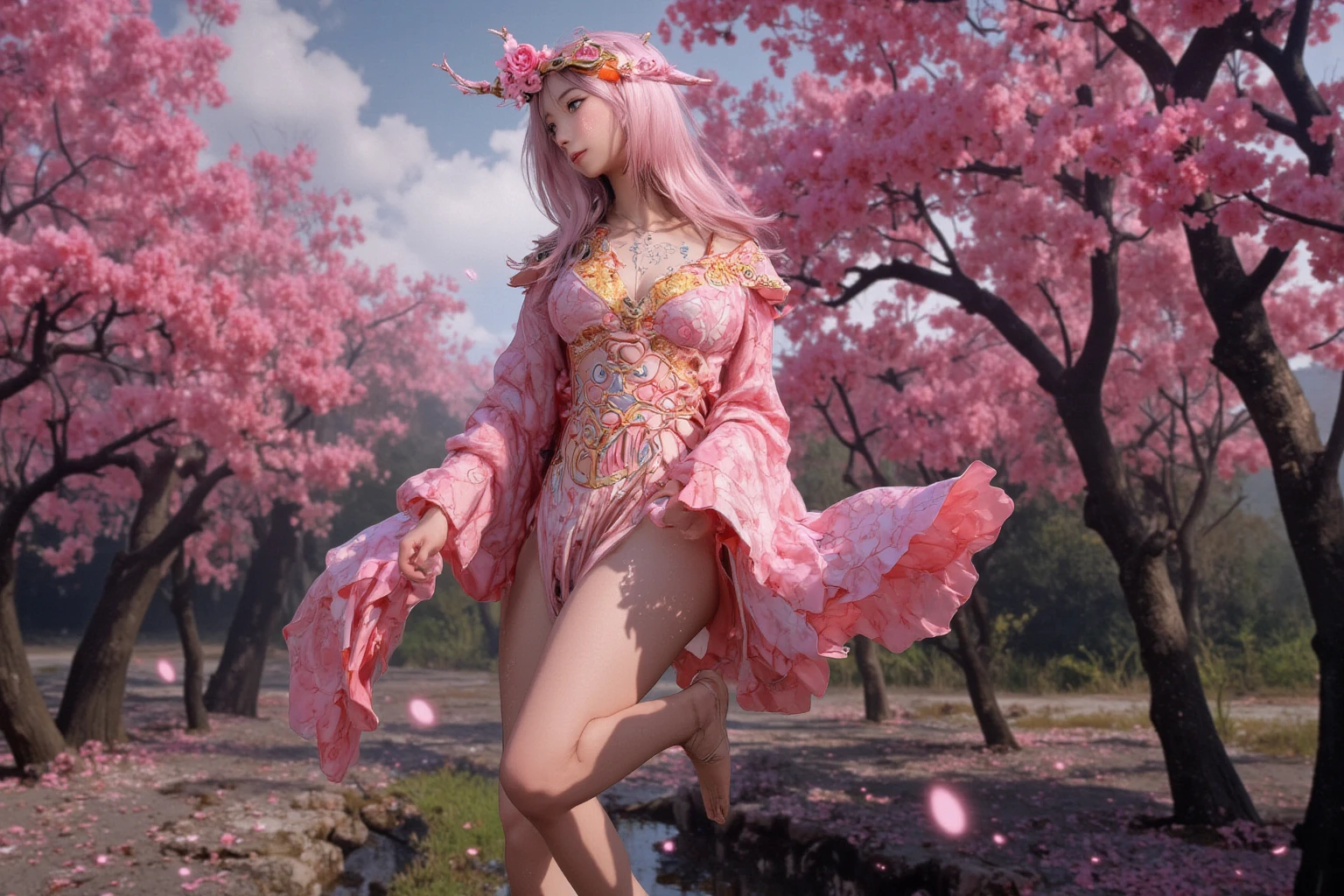 pink hair,gradient hair,longhair ,pink pupil, alternate hairstyle, sexy,Big ,cleavage,exposed,translucent clothes,fox ears, three tailed fox,(((Sexy lingerie)))、twintails.、Belly button and lower chest are visible、shiny skin、((Shy face))、((Blushed))、(tearful eyes)、cry、(((A temple filled with cherry blossoms)))、((Exquisite picture))，(Masterpiece detailed RAW photo:1.25), (best quality:1.6), (Ultra-high resolution:1.5), (actual:1.75), 8K resolution, Canon EOS R5, 50 mm, Super detailed,movie lighting、((Sexy tong))、(((Pants are taken off)))、