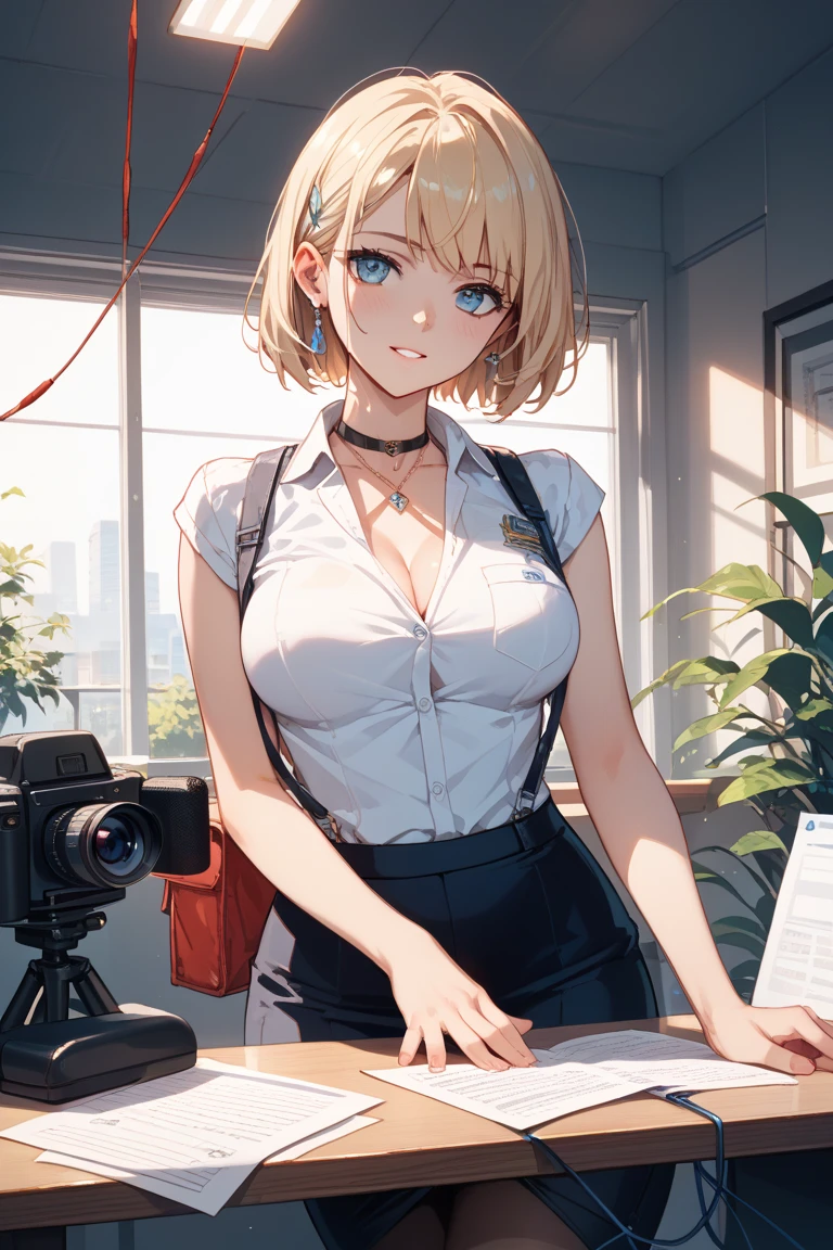 a brunette woman, dans son bureau de travail, est assise sur son fauteil avec ses 2 pieds sur son bureau. Elle a les jambes écartés. Dans sa main droite elle tient un sexe-toys qu'elle s'enfonce dans le vagin, and in her right hand she holds a camera which films. His face is excited, elle tire la langue et regarde vers le haut. She has big breasts and big butt, pour un corps maigre et magnifique. She has a white shirt all wet and open at the chest., of her breasts, and a black leather skirt that lets your vagina stick out. Avec son sexe toys dans sa main droite, elle se l'enfonce de son vagin et alors moulle avec son vagin.