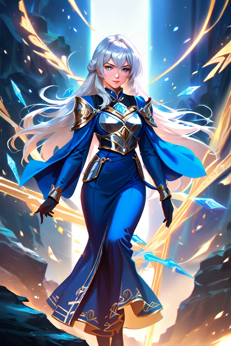 a close up of a woman in a blue outfit holding a sword, crystal maiden, ashe, official splash art, ice sorceress, lux from league of legends, from league of legends, league of legends splash art, crystalline skin, splash art, orianna, qiyana, league of legends splashart, league of legends character art, league of legends character
