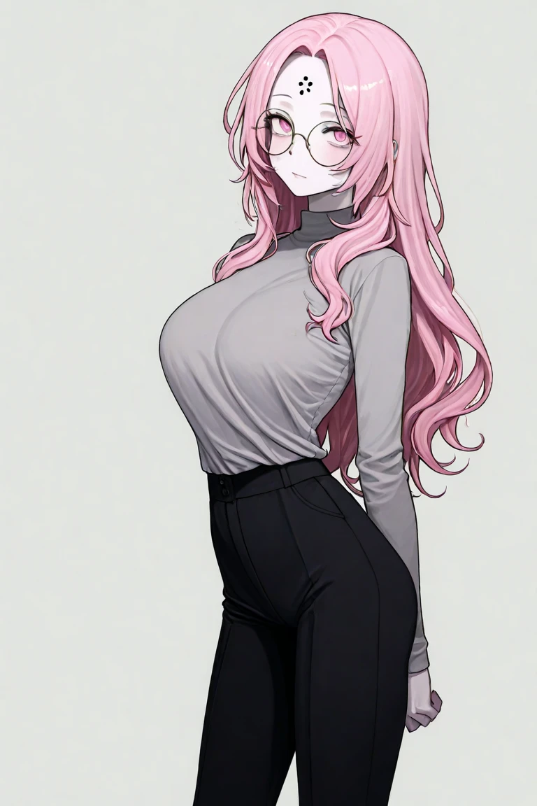 a brown woman, with long pink hair that goes down to her hips, she has a defined body, her eyes are red, her face is thin and defined, her mouth is full, she has the image of a dragon on her face. his right arm, his clothes are a jumpsuit with open sleeves and a V-shaped neckline, his height is 1.78.