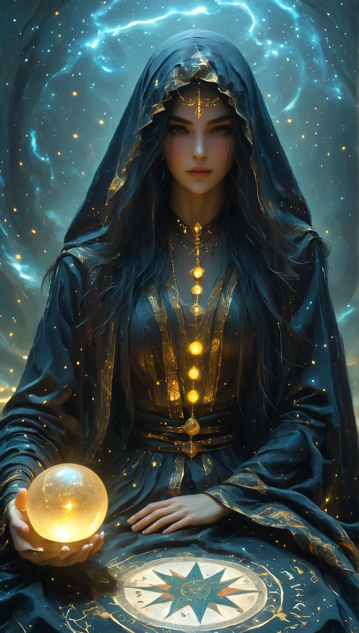 Magnificent, A robed astrologer sits quietly at a table covered with symbols,Holding a crystal star ball in hand,sits on the Zodiac table cloth,glowing colorful zodiac, There is arabic text at the bottom of the card, fit snugly on face, Tarot, Very high texture quality, Front and sides, Full of mysterious magic, the Front and sides are on the card, The overall color is dark black and bright gold, Reflective shiny gold, Ultra-detailed face, Ultra-fine clothing texture, Ultra Detailed,glowing golden aura background