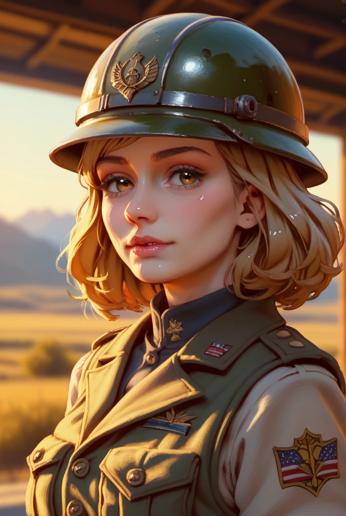best quality, masterpiece, <lora:add_detail:1>
1 girl, adult  woman, freckles, purple eyes, medium blonde fringe hair,
portrait, solo, (full body:0.6), looking up, detailed background, detailed face, (<lora:Atompunk v.3:0.6>, atompunk theme:1.1), battlefield-medic, field-surgeon, worried expression, green  military medic uniform,  headband, gloves, belt, green cross, flag,   toruniquet, morphine, triage,    war torn battlefield-hospital tent in background, floating particles, bullet shells, under fire,  dark fog, heroism, cinematic atmosphere,
<lora:hipoly3DModelLora_v10:0.1> <hypernet:sxzBloom_sxzBloom:0.1>,