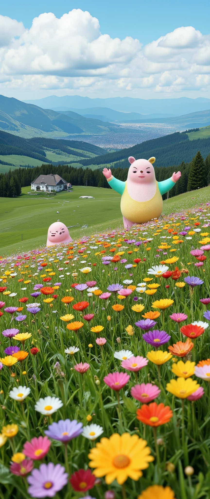   highdefinition images 、wildflower fields in the Austrian Highlands、  Best Picture 、  A plateau with a fresh breeze 、Magical beings and strangely colorful flowers are hidden in the prairie 、8k  (  High Quality Seven Colored Flowers  ) A plateau full of fantasy、 images of exhilarating plateau scenery。You can see the roof of the Association Tower and the house々and the city at the bottom of the hill。
