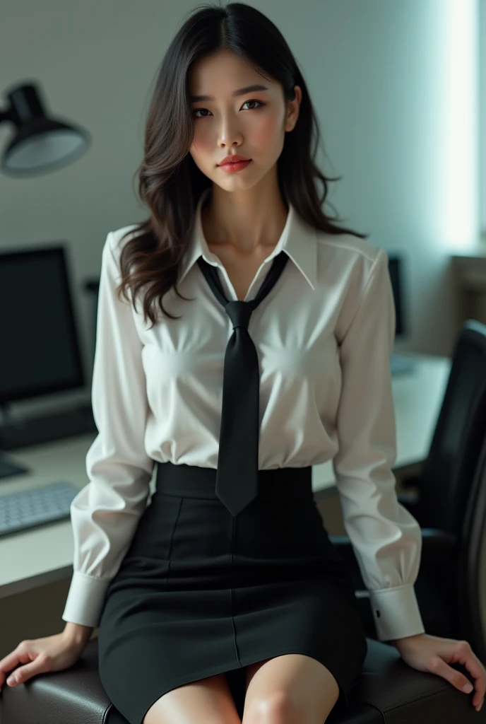 (Masterpiece), ((Best quality)), (Masterpiece,Best quality,offcial art,Extremely detailed Cg Unity 8K wallpaper), (the most Noble and beautiful), (Highly educated woman),Beauty photo, (30 years old woman and Moderate abs),solo,(Elegant upper-class super elite secretary in a business shirt),Perfect look,Double eyelid eyes,Delicate makeup, working in an office,wearing a strict business suit, (Wear pantyhose),Wear high-end heels,Girl in shirt, dressed in a suit, huge tit,full bodyesbian,dressed in a suit, dressed in a suit, merchant, Business clothes, wearing black suits, Wear a shirt and skirt, Woman in a suit, Business attire,Computer chair,Seated,Erlang legs,high-heels,view the viewer,brightly,Complicated details,foot focus,from below,cool beauty,(tall girl),Dark brown hair, Small piercings,Precisely expresses details such as face and skin texture,(the most beautiful face and eye), double eyelid,delicate skin,slender body shape,alone,medium breasts,(Visible to the viewer at the bottom:1.8), (Contemptuous gaze:1.5)