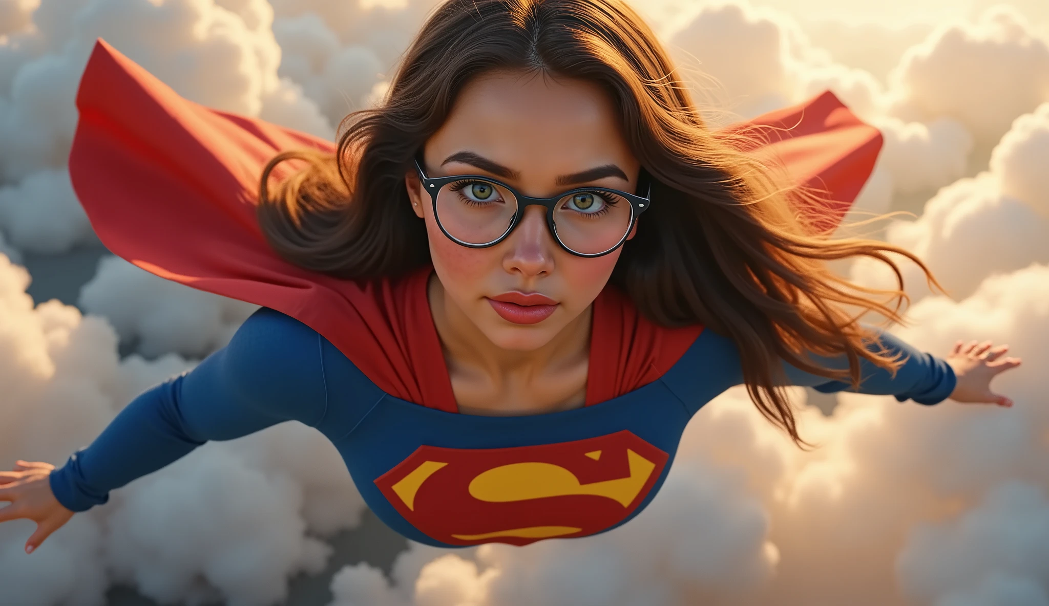 sexiest young supergirl in the world, black hair, blue eyes, glasses, supermans daughter, 8k, ultra-detailed, realistic, hdr, studio lighting, physically-based rendering, vivid colors, portrait, elegant, confident, powerful, heroic pose, detailed facial features, detailed clothing, intricate background, flying,