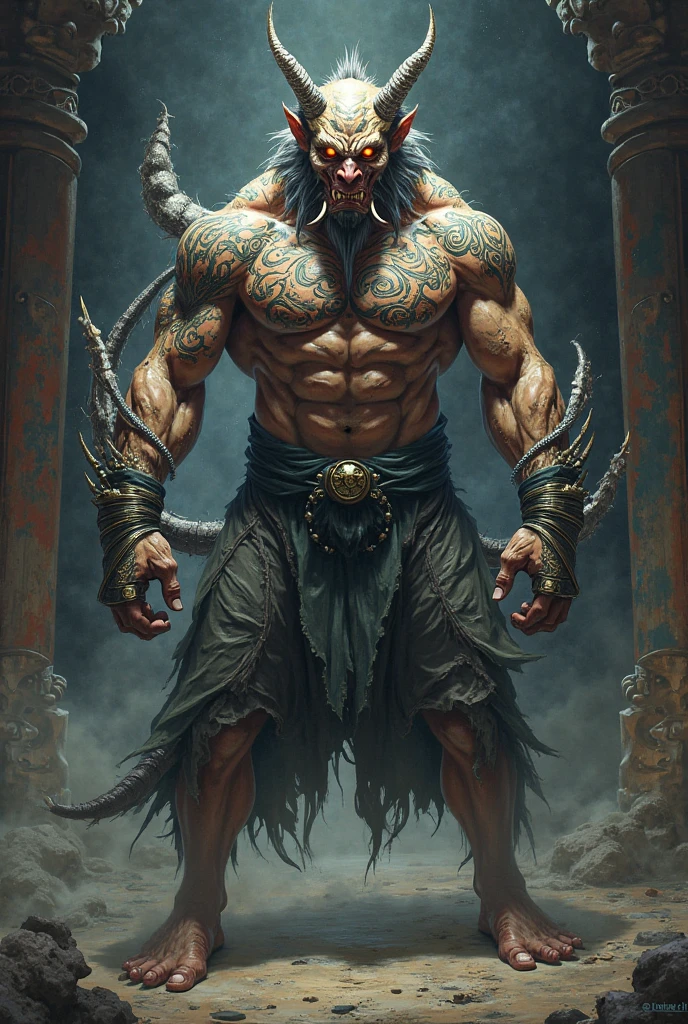 concept art of a warrior, ancient armor, barbarian class, complex fantasy character, full body detailed concept, barbarian warrior, barbarian warrior, male warrior, male barbarian, man with a war hammer, big hammer, giant, arena gladiator , gladiator warrior, dnd goliath character concept, helmet with bull horn, green aurea coming out of the helmet, green lightning on the hammer, big man