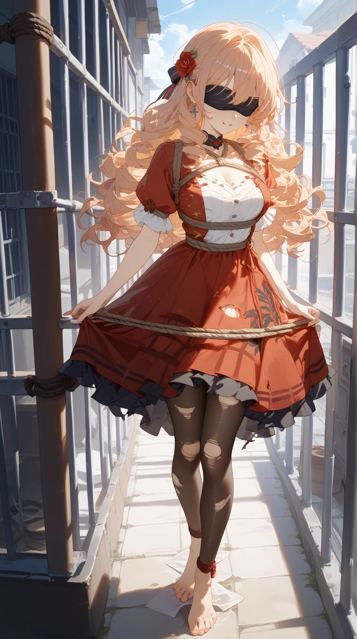(masterpiece, best quality), intricate details, 1girl, 1girl in, age19, Solo, Long hair, Colossal, Looking at Viewer, blond hair, Alexis Texas (standing full body toe to head by wooden pole:1.2) iron collar, arms behind back, iron cuffs, shackles, bound, bondage outfit, harness, o-ring, bondage outfit blindfolded cover eyes, happy red cheeks, chain leash collar choker neck bell shackles wristbands bracers bracelets, cleave gag, sad face, red cheeks, cryings tears, painful (she was sold and betrayed by her own family)