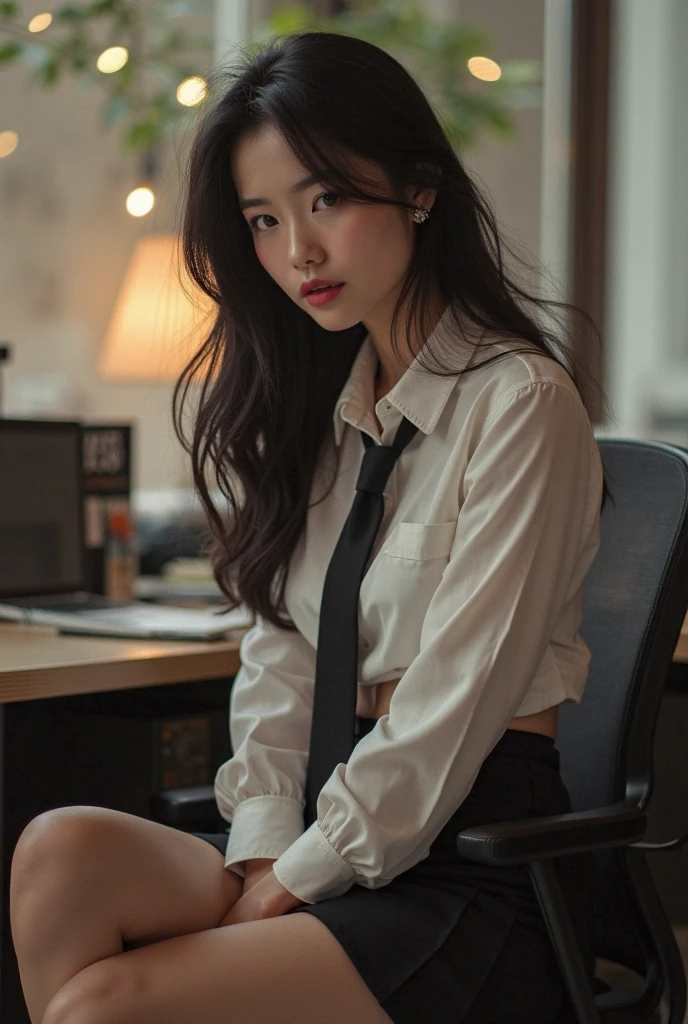 ((masterpiece, best quality, Highest image quality, Ultra-high resolution, Reality, original photo, 8k)), This painting depicts a woman working in an office，There is a full moon outside，There are many books lined up in the office，Scattered pens，coffee，snack，The floor is full of draft papers，Girl sitting in leather office chair，Long hair scattered，Perfect fingers，Perfect body，Look sideways