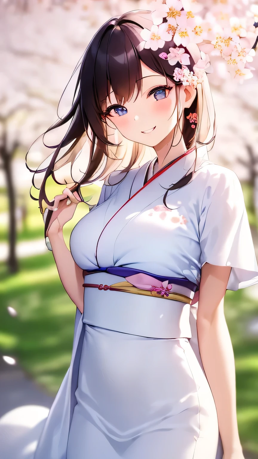 1woman, cherry blossom, furisode, like a soft white chiffon dress, delicate embroidery inspired by cherry blossoms, a captivating gentle smile, eyes shimmering with a mysterious sense of happiness, one hand reaching out to touch the petals, The cherry trees are in full bloom, petals dance in the wind creating an enchanting scene, (extremely detailed, high resolution, absurdres,4K)