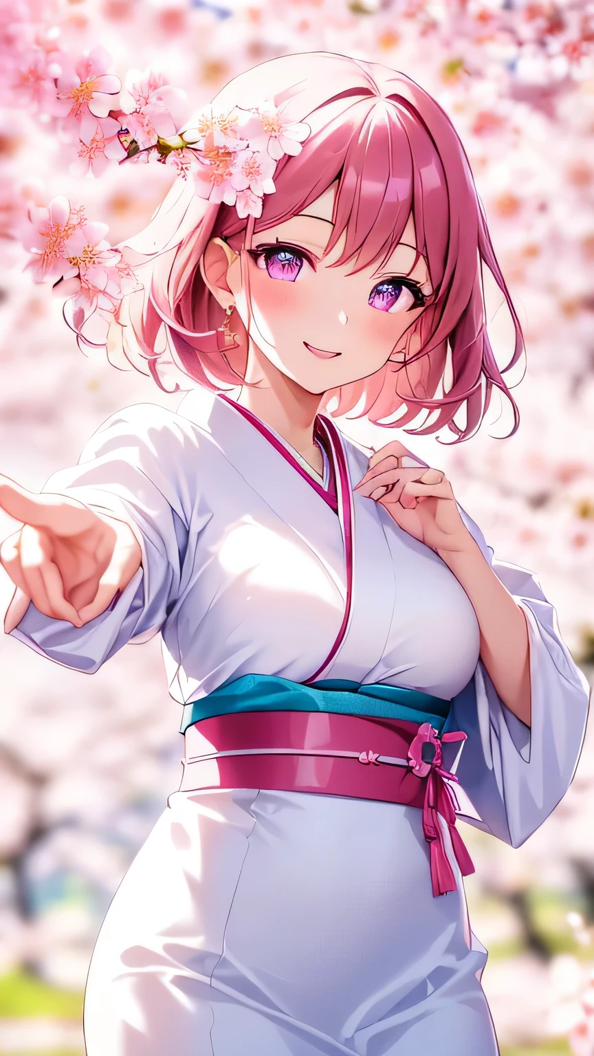 1woman, cherry blossom, furisode, like a soft white chiffon dress, embroidery inspired by cherry blossoms:1.5, a captivating gentle smile, eyes shimmering with a mysterious sense of happiness, one hand reaching out to touch the petals, The cherry trees are in full bloom, petals dance in the wind creating an enchanting scene, (glowing,pink theme,light,outline,sparkle,gradient,gradient background,shiny,magic,pink theme),(extremely detailed, high resolution, absurdres,4K)