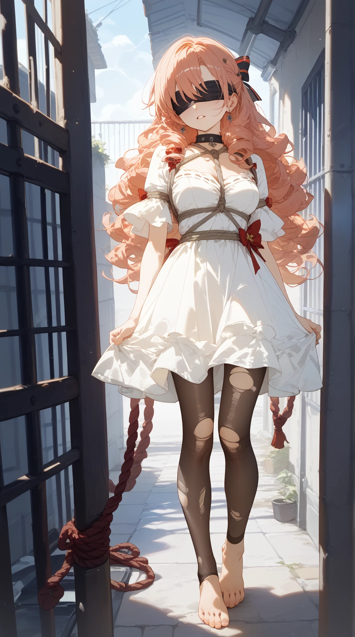 ((masterpiece)),((best quality)),((official art,extremely detailed CG unity 8k wallpaper)),((huge_filesize)),game_cg,((solo)),(((abigail williams))),blue eyes,kawaii,(((blush))),sad,((tears)),hat,((black dress)),(((white pantyhose))), (((mary_janes))), (((arms_behind_back))),((rope)),((bondage)),((shibari)),((mouthmask)),
