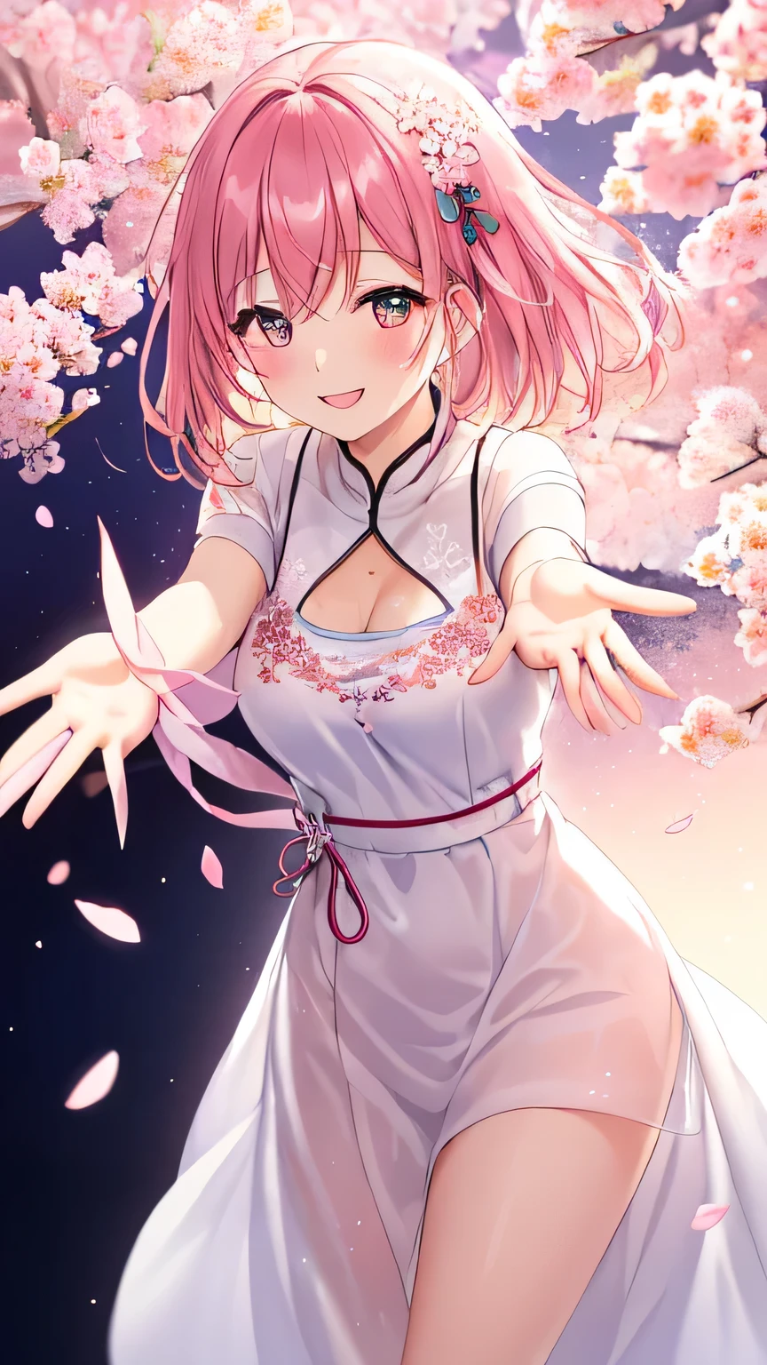 1woman, cherry blossom, furisode, like a soft white chiffon dress, embroidered dress, embroidery inspired by cherry blossoms:1.5, a captivating gentle smile, eyes shimmering with a mysterious sense of happiness, one hand reaching out to touch the petals, The cherry trees are in full bloom, petals dance in the wind creating an enchanting scene, (glowing,pink theme,light,outline,sparkle,gradient,gradient background,shiny,magic,pink theme),(extremely detailed, high resolution, absurdres,4K)