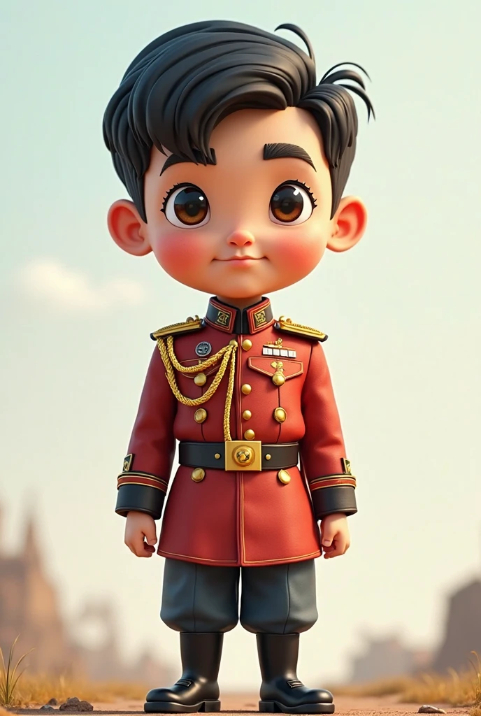 Cute baby with very big head wearing Royal Military Police uniform and military police hat on his head in fashion show Realistic style Full body