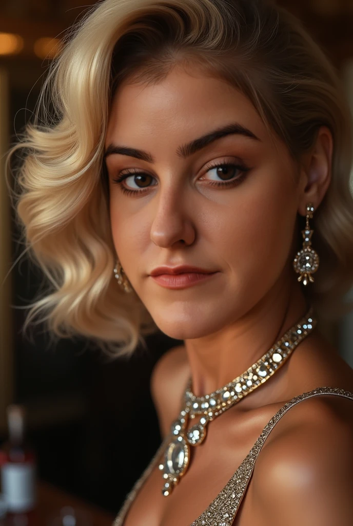 <lora:m4d0nn4:0.9>, a Realistic photo of m4d0nn4 woman, breasts, short hair, blonde hair, large breasts, dress, cleavage, jewelry, necklace, white dress, blurry, coat, makeup, blurry background, looking away, lipstick, curly hair, realistic, red lips, pearl necklace, soft lighting, professional Photography, Photorealistic, detailed eyes, RAW, analog, sharp focus, 8k, HD, DSLR, high quality, Fujifilm XT3, film grain, award winning, masterpiece