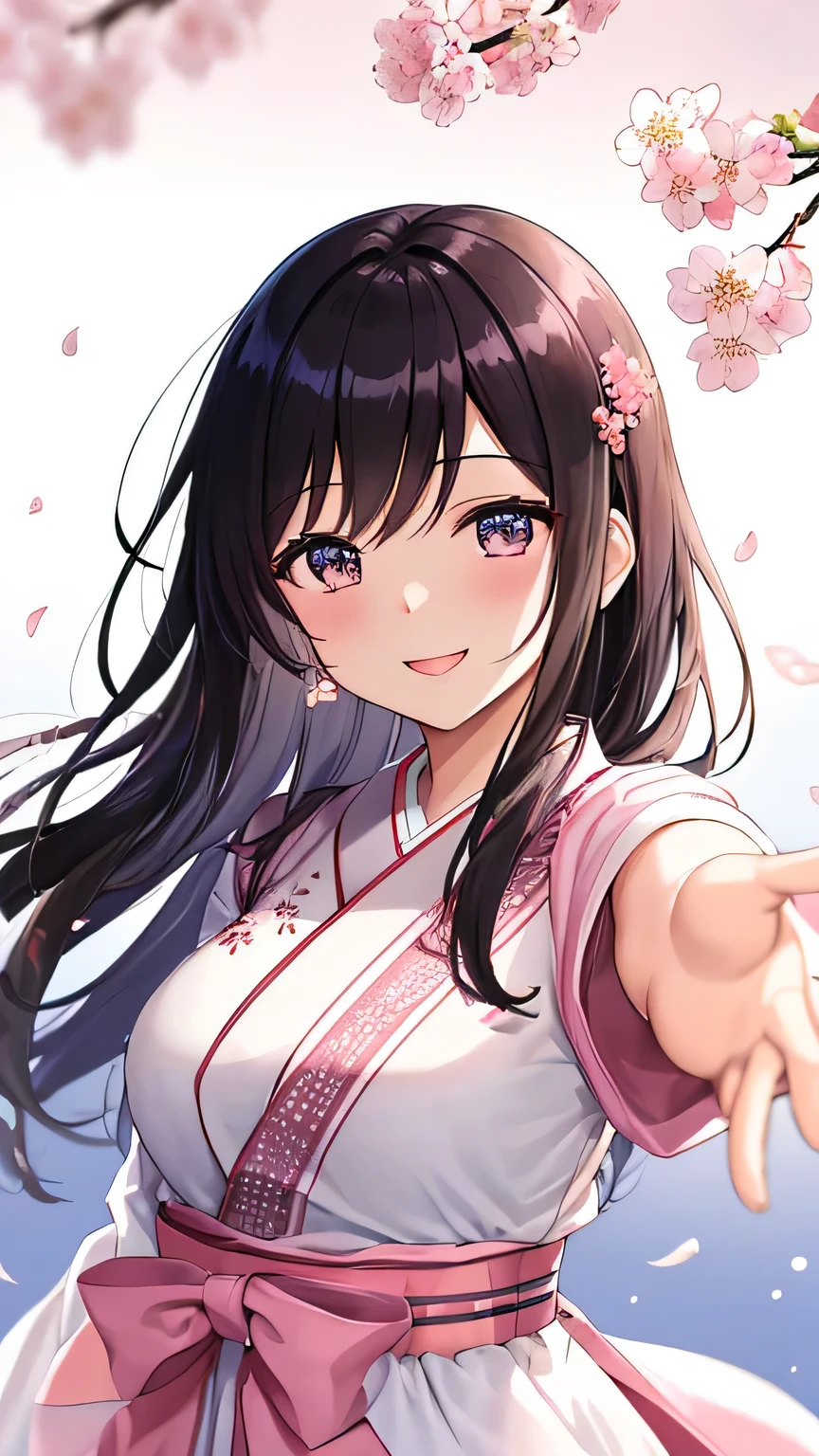 1woman, looking at viewer, cherry blossom, furisode, like a soft white chiffon dress, embroidered dress, embroidery inspired by cherry blossoms:1.5, a captivating gentle smile, eyes shimmering with a mysterious sense of happiness, one hand reaching out to touch the petals, The cherry trees are in full bloom, petals dance in the wind creating an enchanting scene, (glowing,pink theme,light,outline,sparkle,gradient,gradient background,shiny,magic,pink theme),(extremely detailed, high resolution, absurdres,4K)