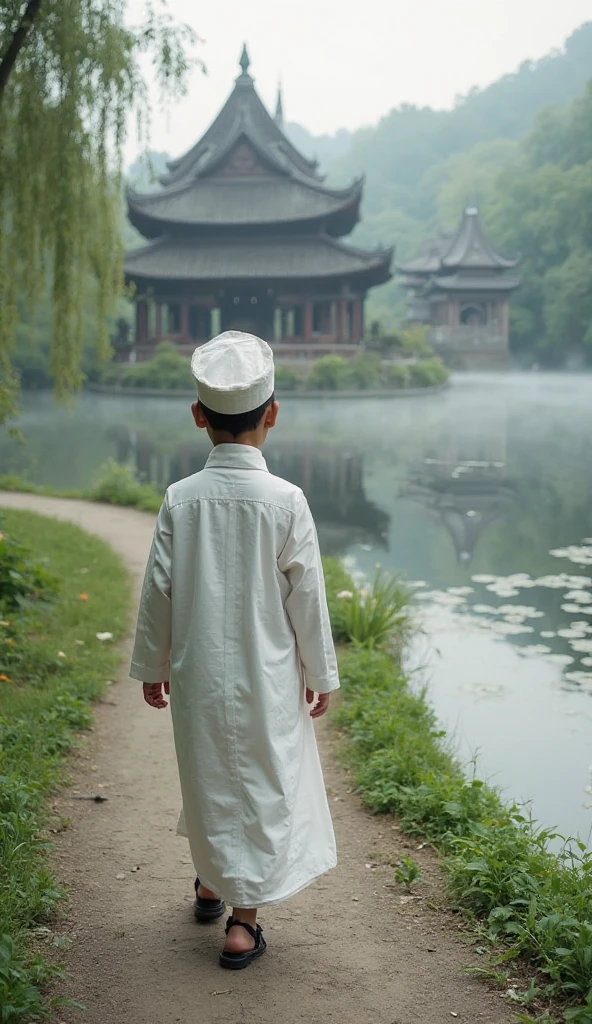A small monk in a white cassock、Sit in front of the temple Buddha and knock wooden fish