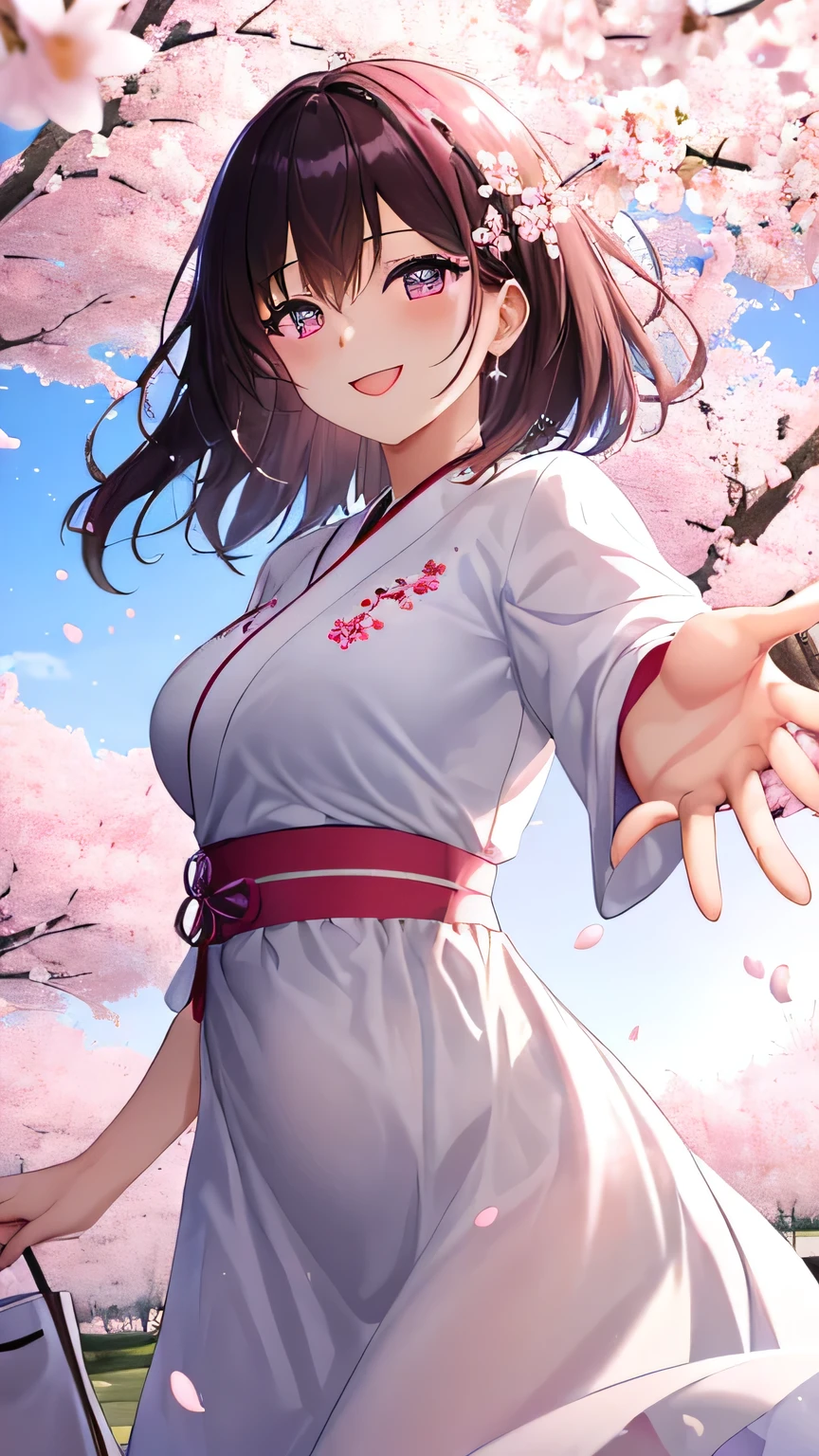 1woman, looking at viewer, cherry blossom, furisode,  like a soft white chiffon dress,  embroidered dress, embroidery inspired by cherry blossoms:1.5, a captivating gentle smile, eyes shimmering with a mysterious sense of happiness, one hand reaching out to touch the petals, The cherry trees are in full bloom, petals dance in the wind creating an enchanting scene, (glowing,pink theme,light,outline,sparkle,gradient,gradient background,shiny,magic,pink theme),(extremely detailed, high resolution, absurdres,4K)