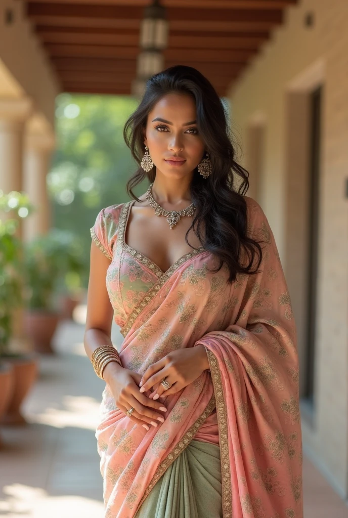 Indian Wife with a huge round and long cleavage line visible in a folded saree, floral saree, HDR, 8k, hyperdetailed, best quality, ultra-high resolution, HDR, curved body, 8k, walking on the lawn , look at viewer, having perfect breasts, ( perfect anatomy), wavy hair, bright smile