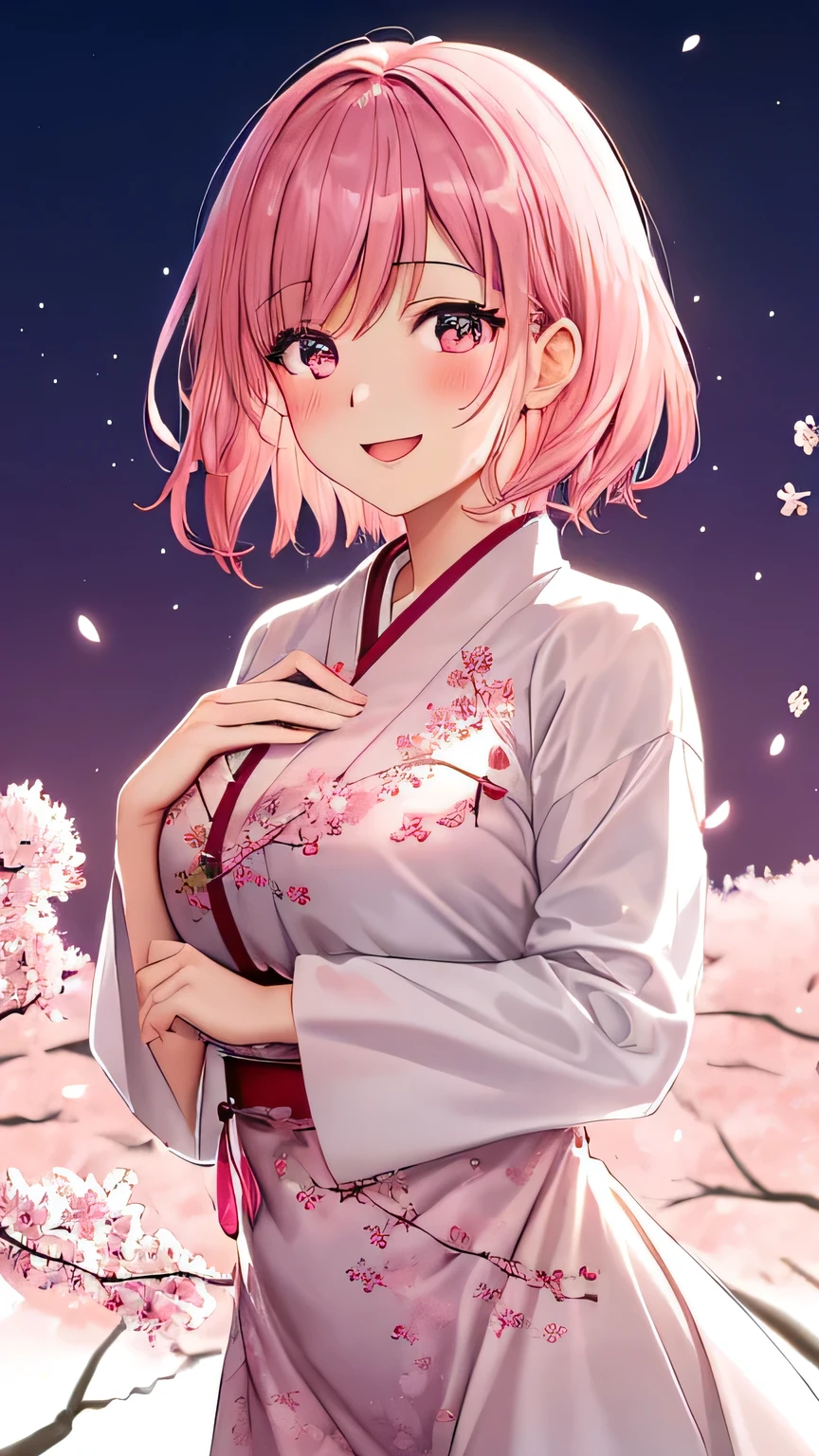 1girl, happy, short pink hair, looking at viewer:1.3, eyes is gazng to viewer:1.2, cherry blossom, furisode, like a soft white chiffon dress, embroidered dress, embroidery inspired by cherry blossoms:1.3, a captivating gentle smile, eyes shimmering with a mysterious sense of happiness, one hand reaching out to touch the petals, The cherry trees are in full bloom, petals dance in the wind creating an enchanting scene, ((glowing,pink theme, light,outline, sparkle, gradient, gradient background, shiny, magic, pink theme)), (extremely detailed, high resolution, absurdres,4K)