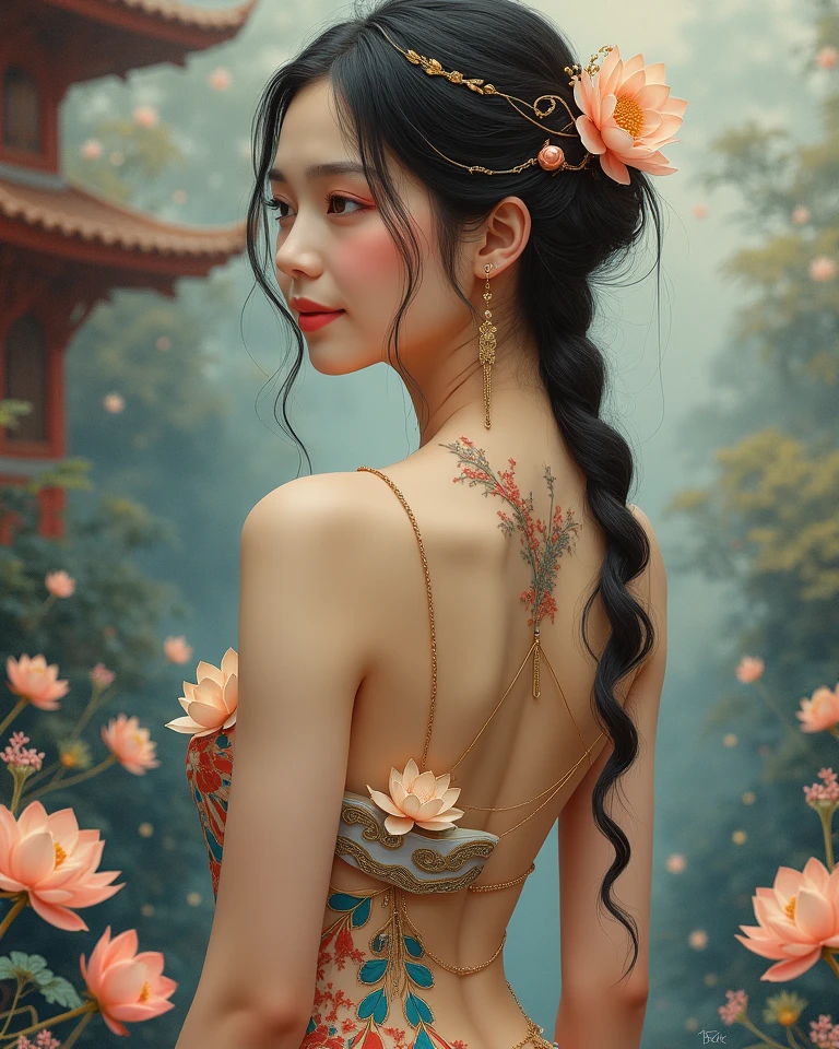 Chinese Beauty, Charming temperament, floating long dress, Clear face, beautiful eyes, Around osmanthus flowers, A masterpiece of perfect body structure proportions, Very detailed, Epic Composition, Color Tattoo Art, Neo-Traditional Tattoo Art, SD tattoo design, Color Tattoo Art, Mysterious and warm and friendly atmosphere, Surrealism, Ultra HD, high quality, best quality, 32K --v 6
