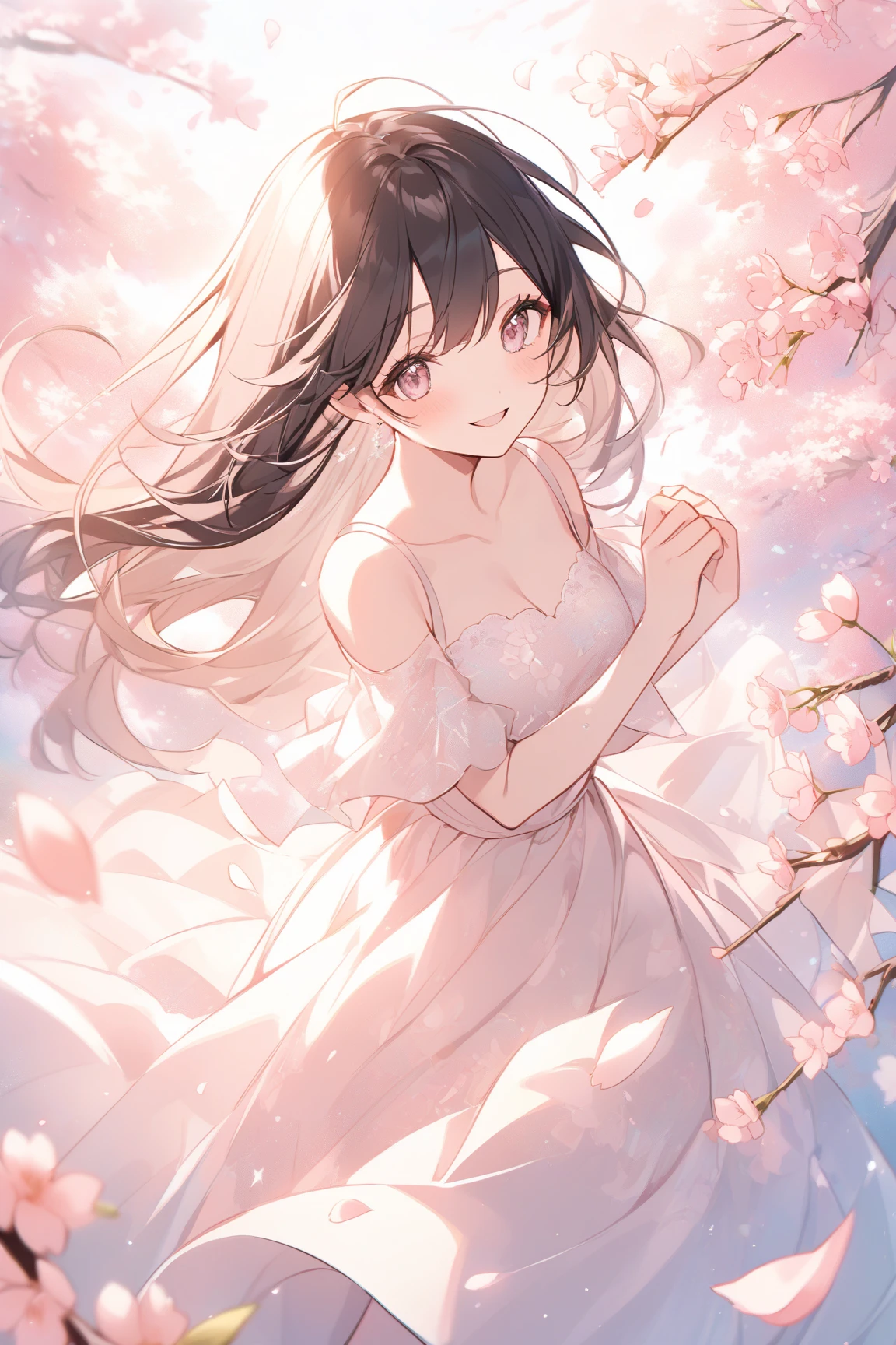 best quality, masterpiece, solo, 1 Female、Age 25、Larger breasts、(Cleavage)、(Slender figure)、sheer white dress、From the side、Poses that emphasize the chest、(White highlight in pupil:1.2)、Dark reddish brown eyes、(Black-haired:1.2)、(Medium Hair)、(View your viewers:1.2)、White skin、(blush)、(Embarrassed expression)、(I blur the background a lot to make the woman stand out.:1.3)、(The sunlight shines in)、(Beautiful flowers in the background)、The wind is blowing